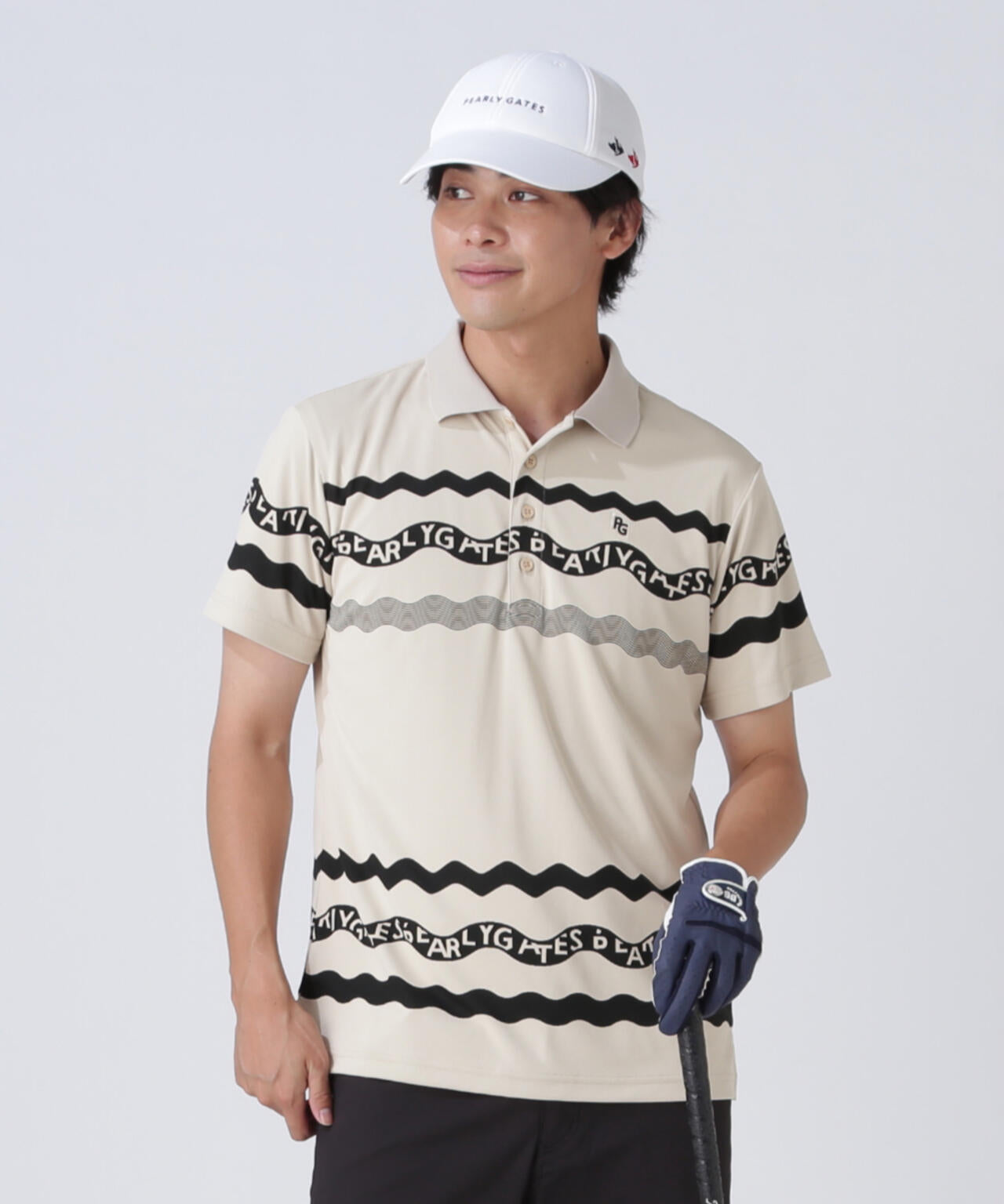 36Gパネルジャガード半袖ポロシャツ <ウェーブロゴボーダー柄>