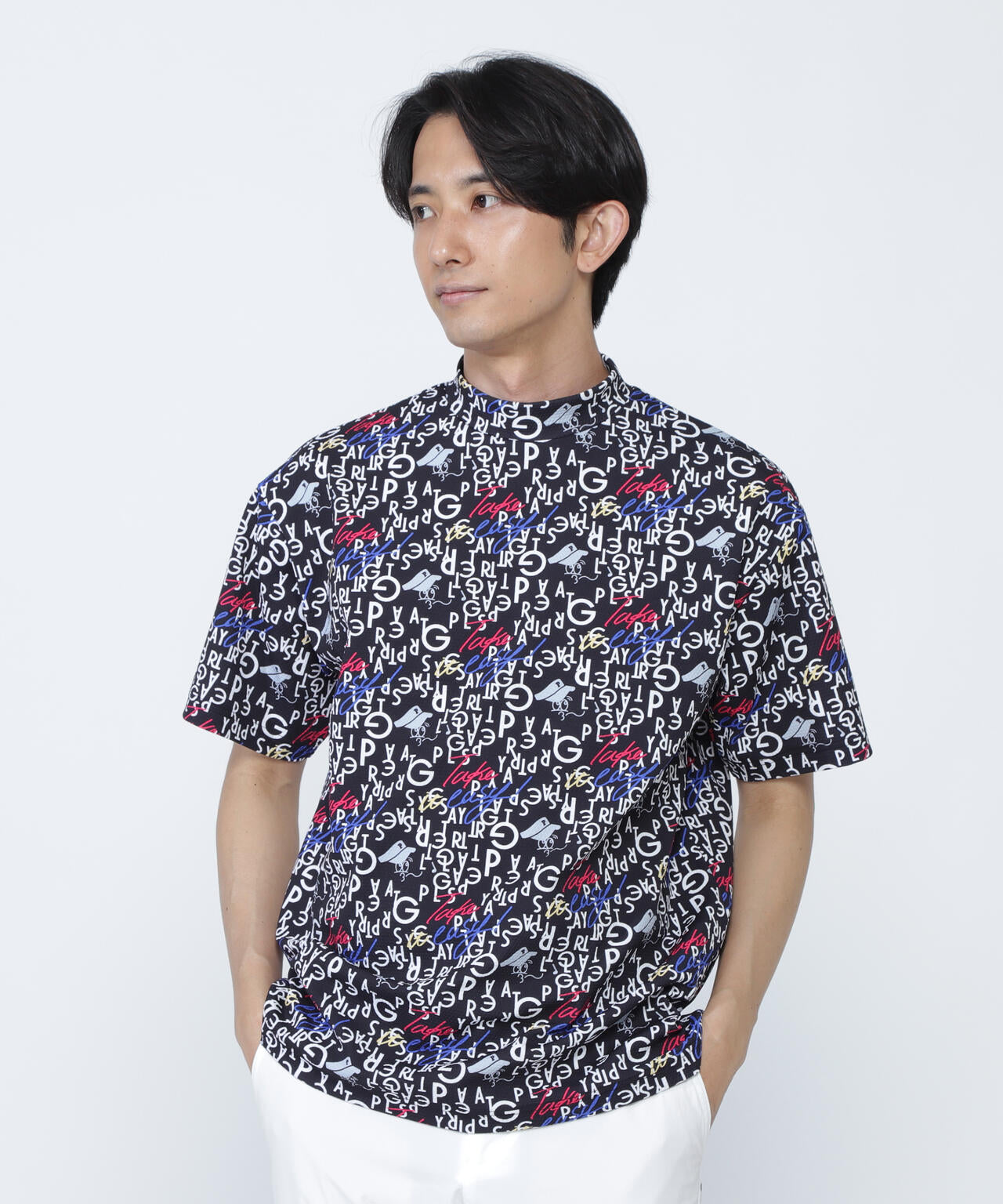 BALLくんロゴ総柄プリント半袖モックネックカットソー