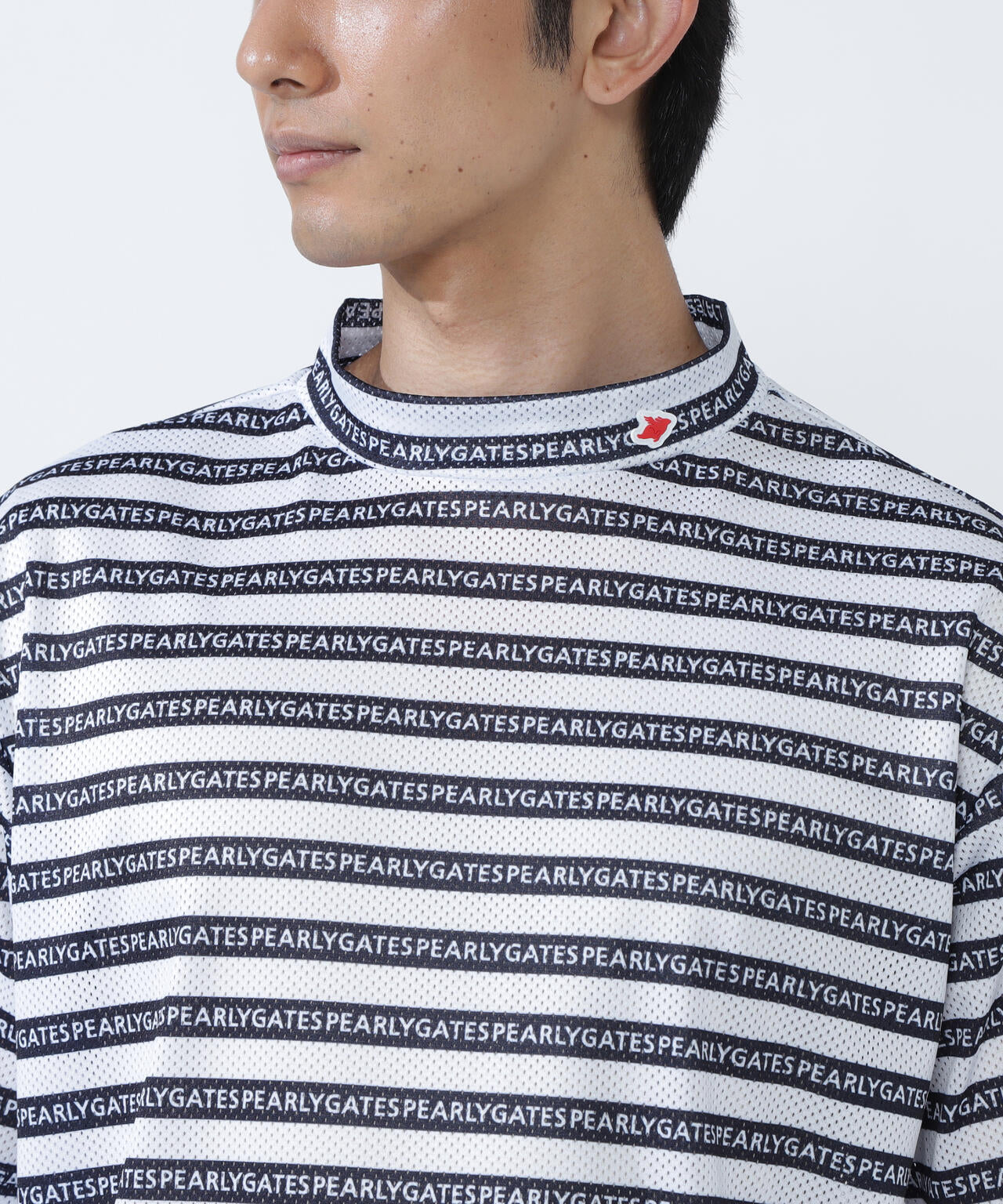 KAZEメッシュ半袖モックネックカットソー <ロゴボーダー柄>