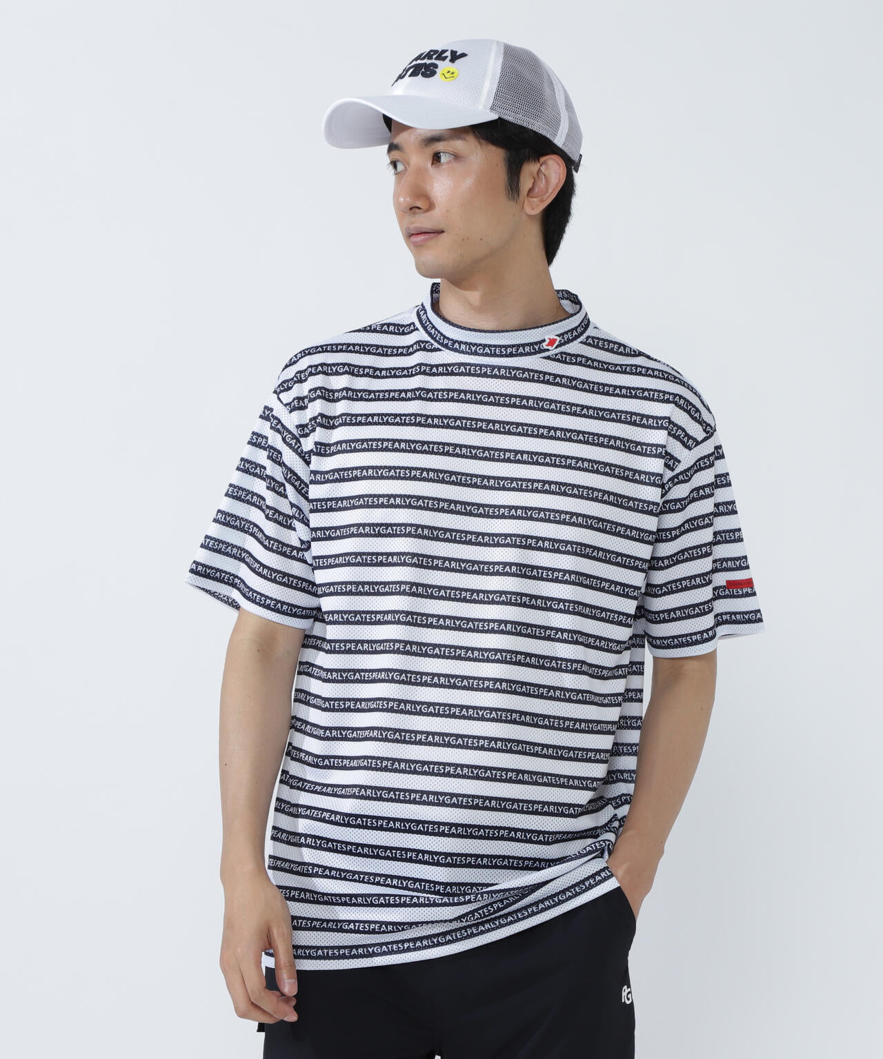 KAZEメッシュ半袖モックネックカットソー <ロゴボーダー柄>