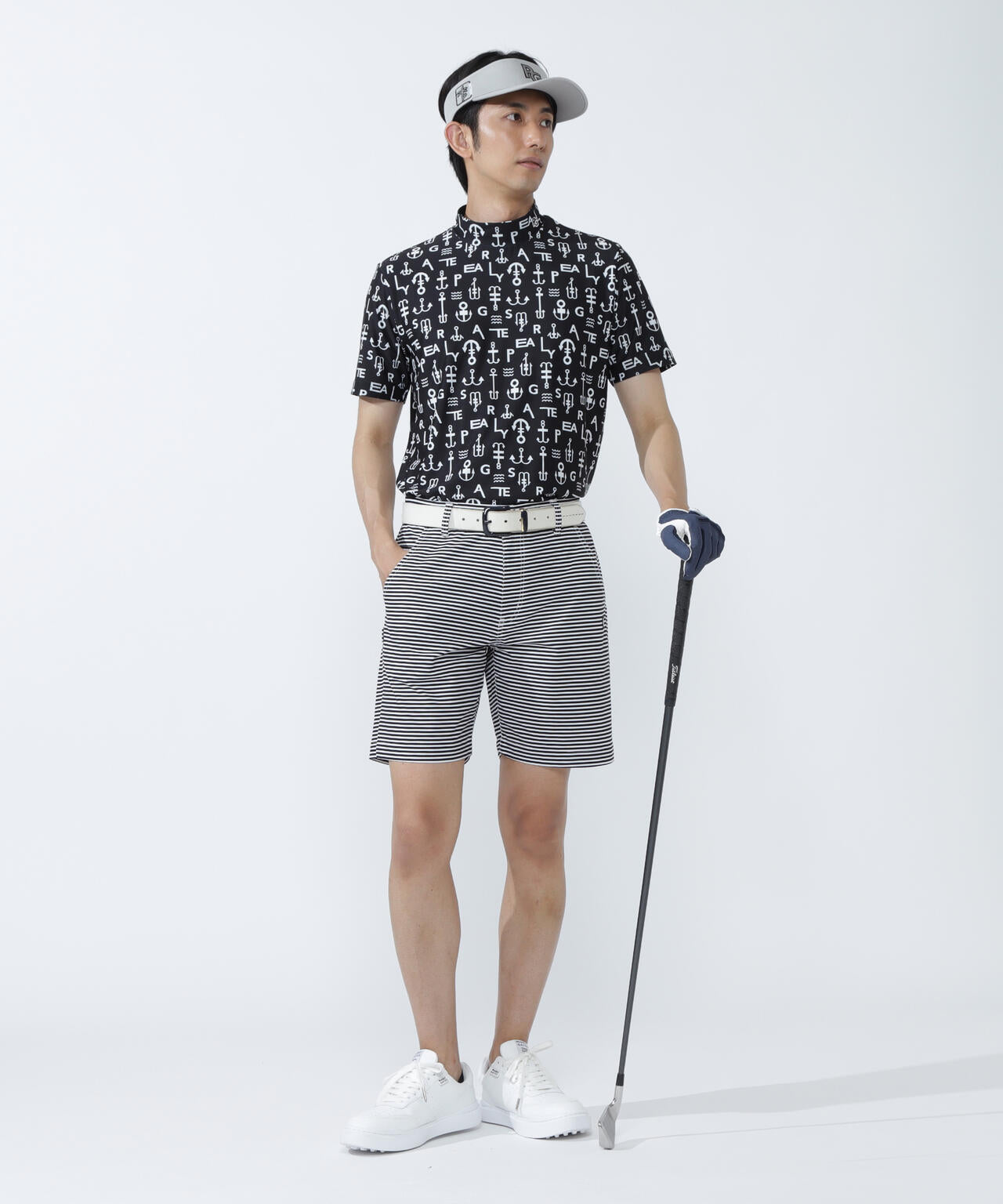 アンカーロゴ柄プリント半袖モックネックカットソー