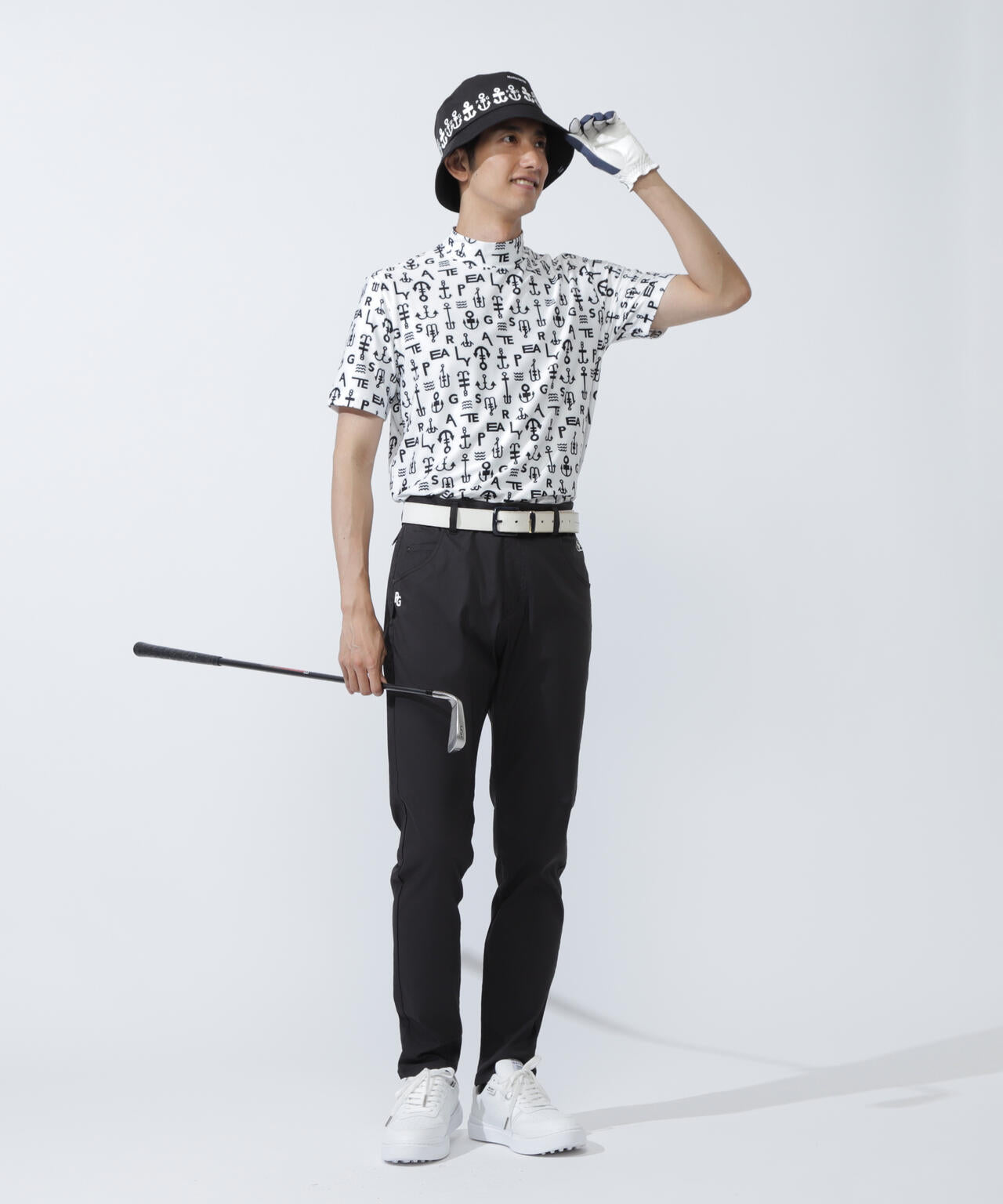 アンカーロゴ柄プリント半袖モックネックカットソー