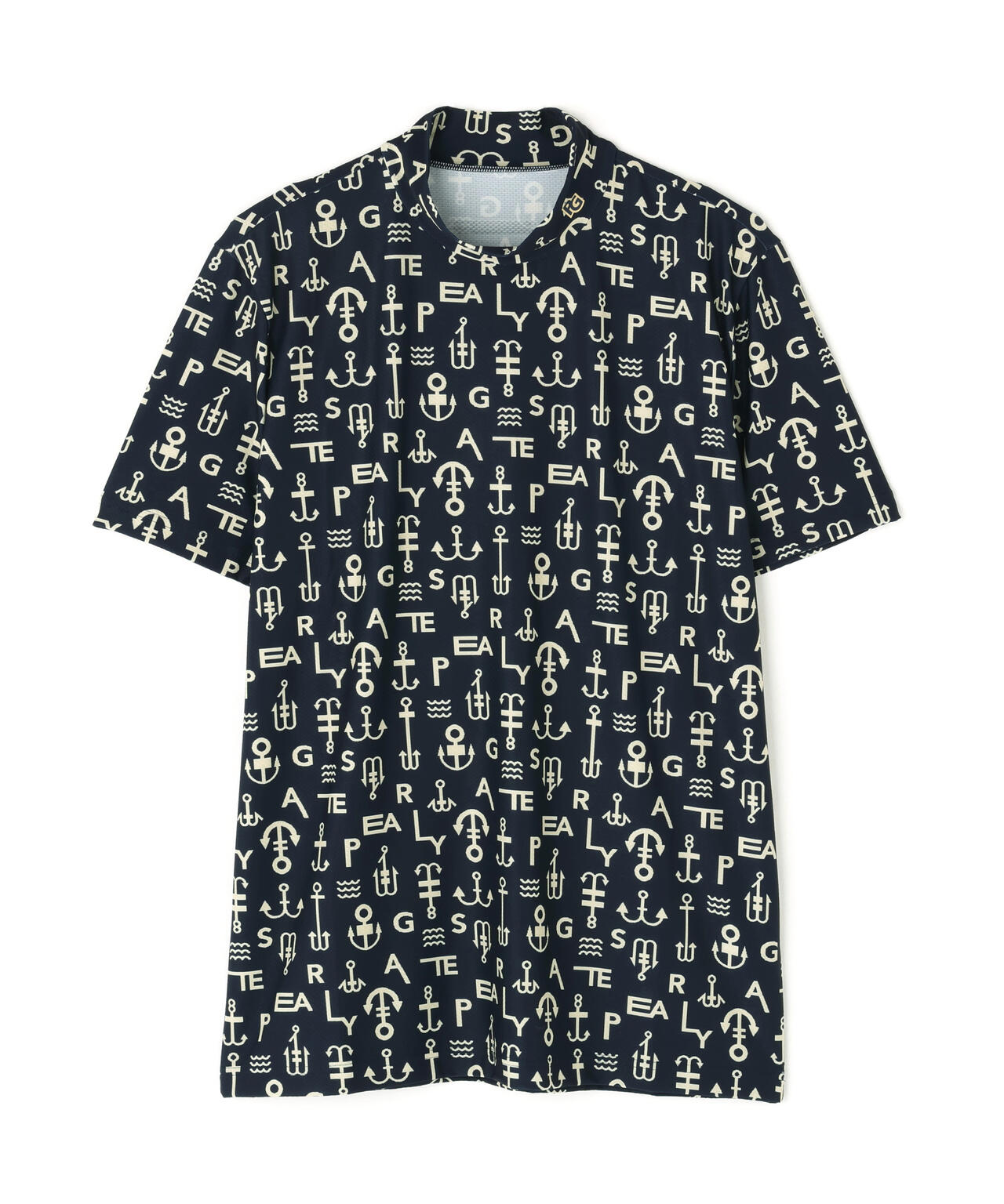 アンカーロゴ柄プリント半袖モックネックカットソー