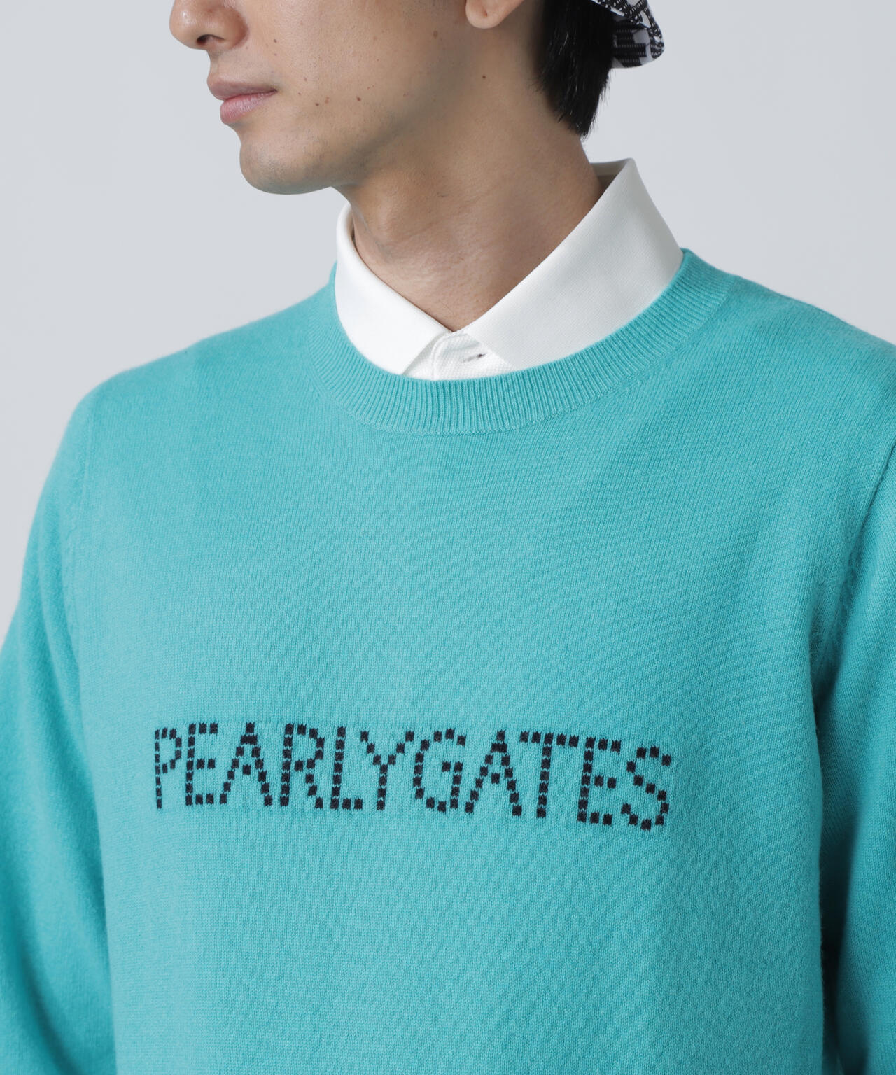 12G部分ジャガードカシミヤ100クルーネックニットプルオーバー