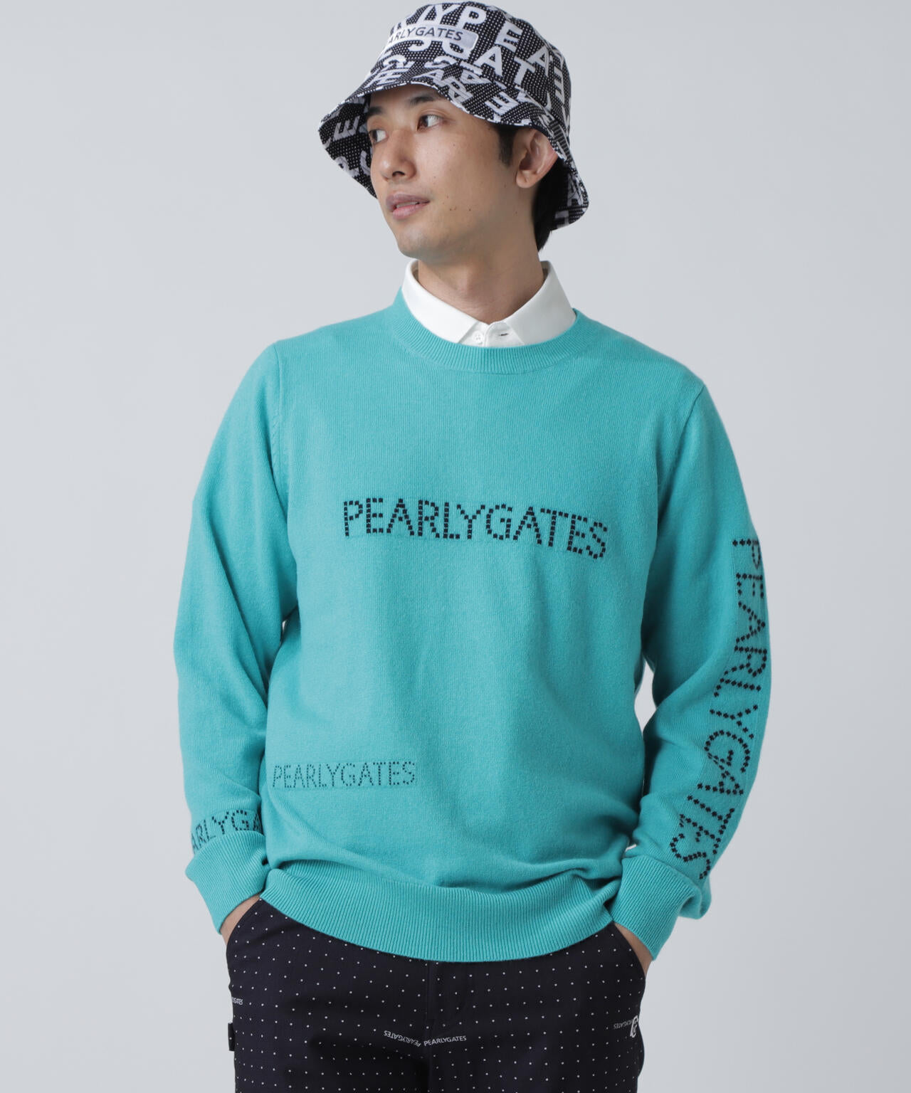 12G部分ジャガードカシミヤ100クルーネックニットプルオーバー