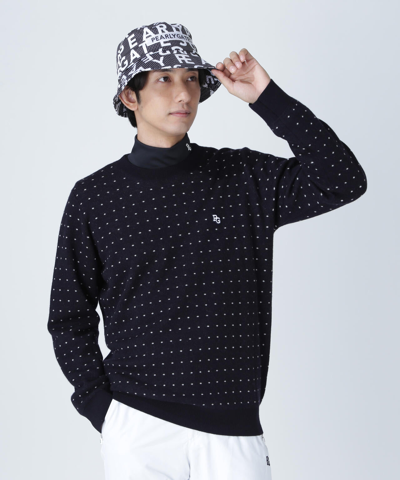 14Gダブルジャガードカシミヤ混クルーネックニットプルオーバー <ミニドット柄>