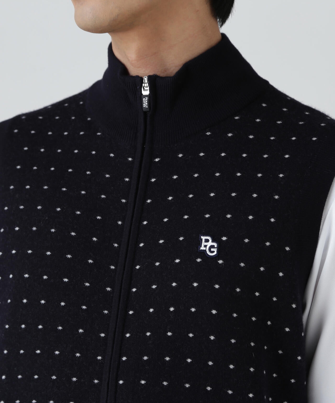 14Gダブルジャガードカシミヤ混フルジップニットベスト <ミニドット柄>