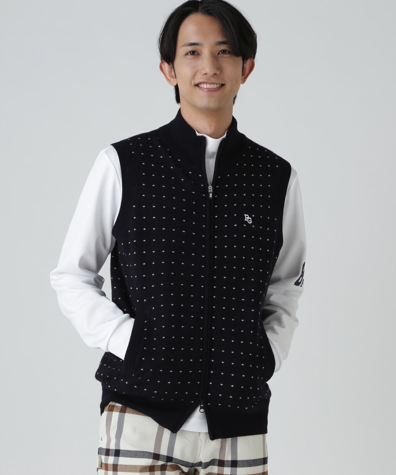 14Gダブルジャガードカシミヤ混フルジップニットベスト <ミニドット柄>