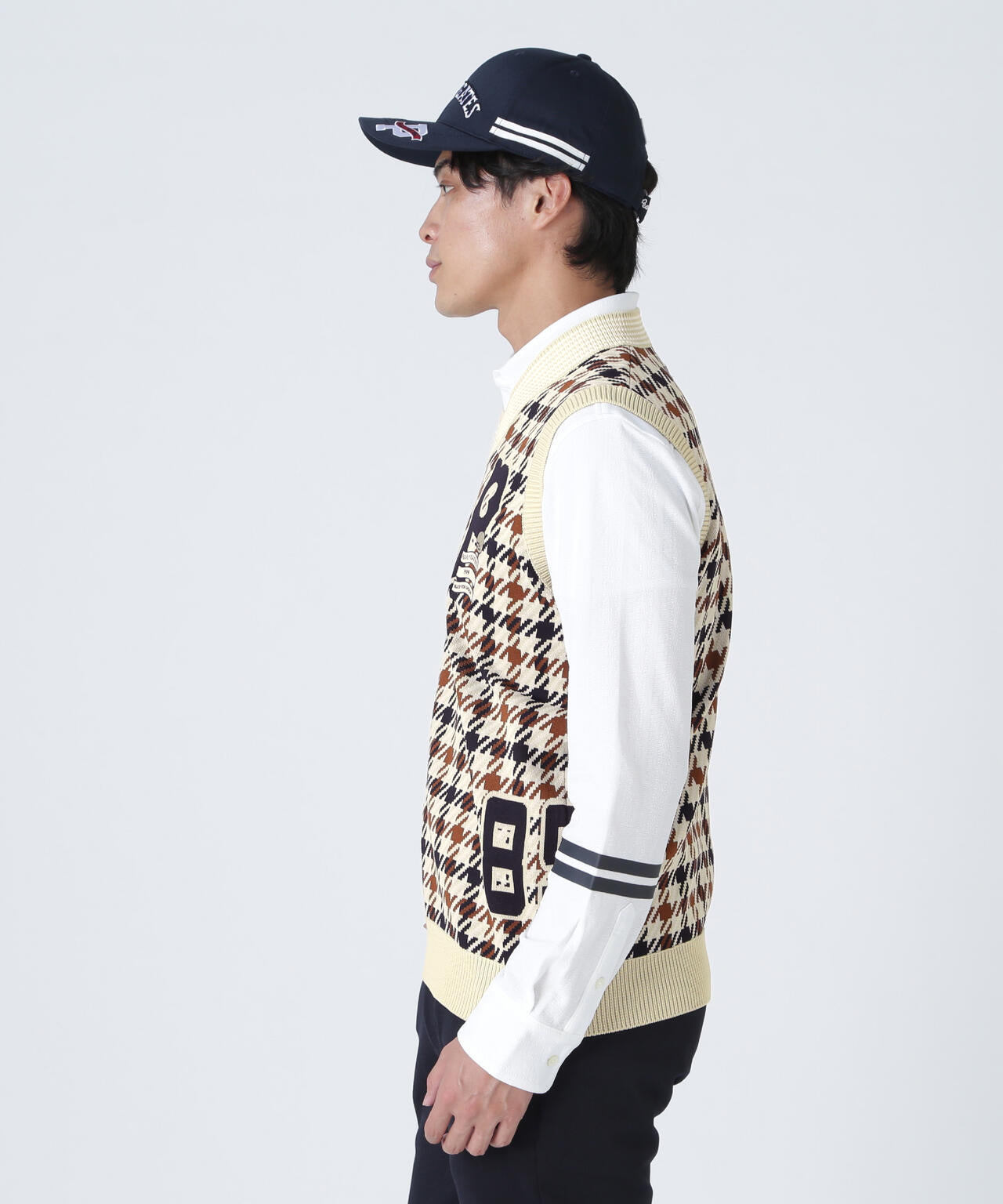 14GジャガードVネックニットベスト <ガンクラブチェック柄>