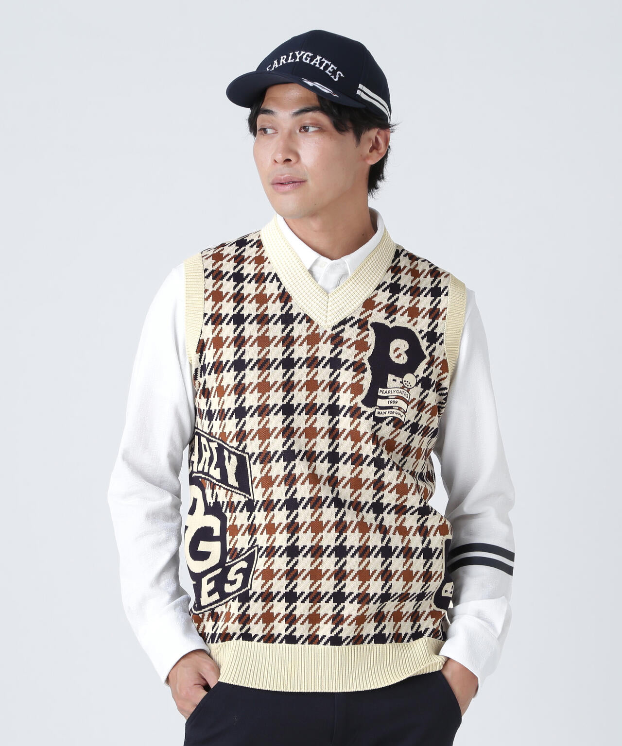 14GジャガードVネックニットベスト <ガンクラブチェック柄>