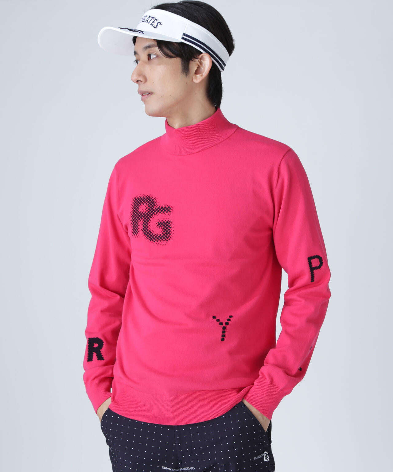 12G部分ジャガードカシミヤタッチコットンハイネックニットプルオーバー