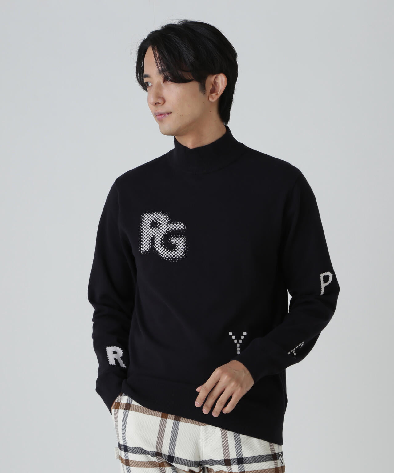 12G部分ジャガードカシミヤタッチコットンハイネックニットプルオーバー