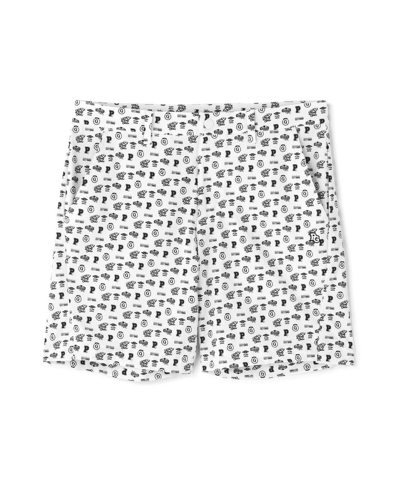 ナイロンストレッチショートパンツ <カレッジロゴ総柄>