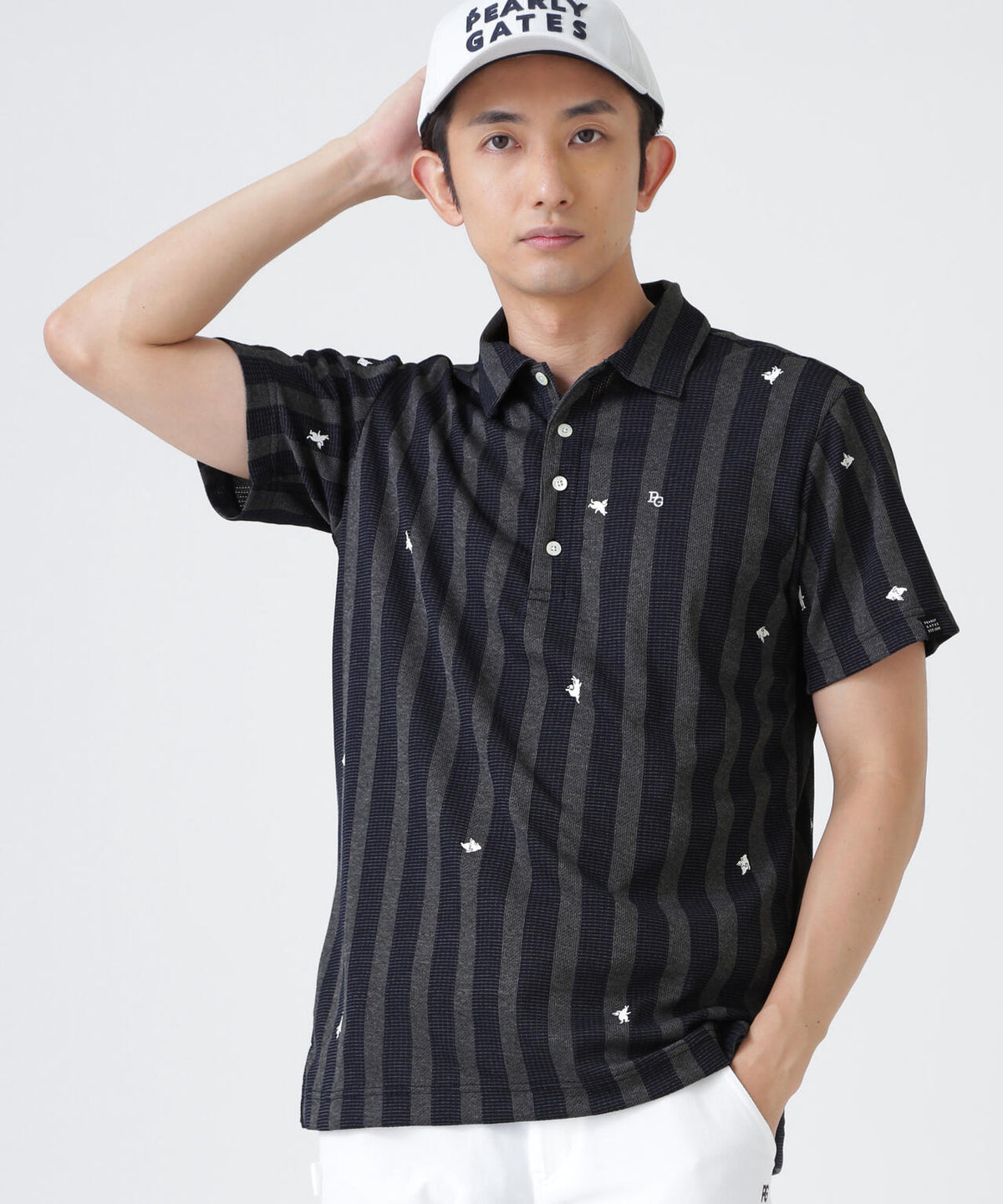 Peメッシュストライプニット半袖ポロシャツ (MENS)