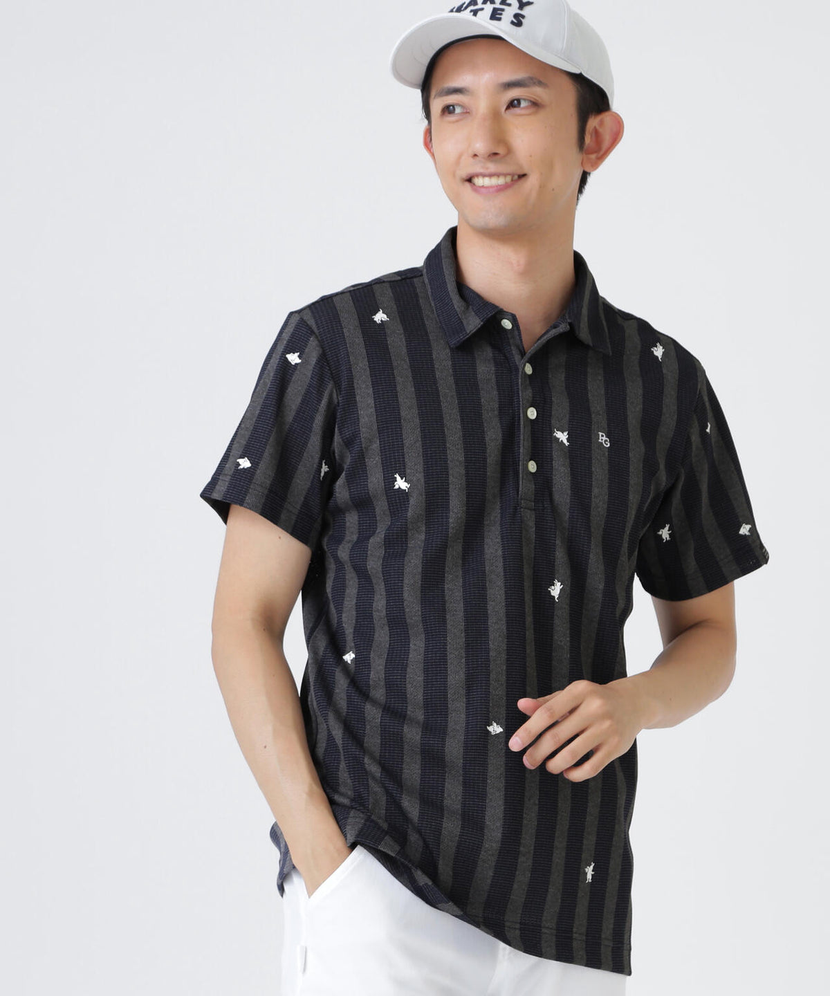 Peメッシュストライプニット半袖ポロシャツ (MENS)