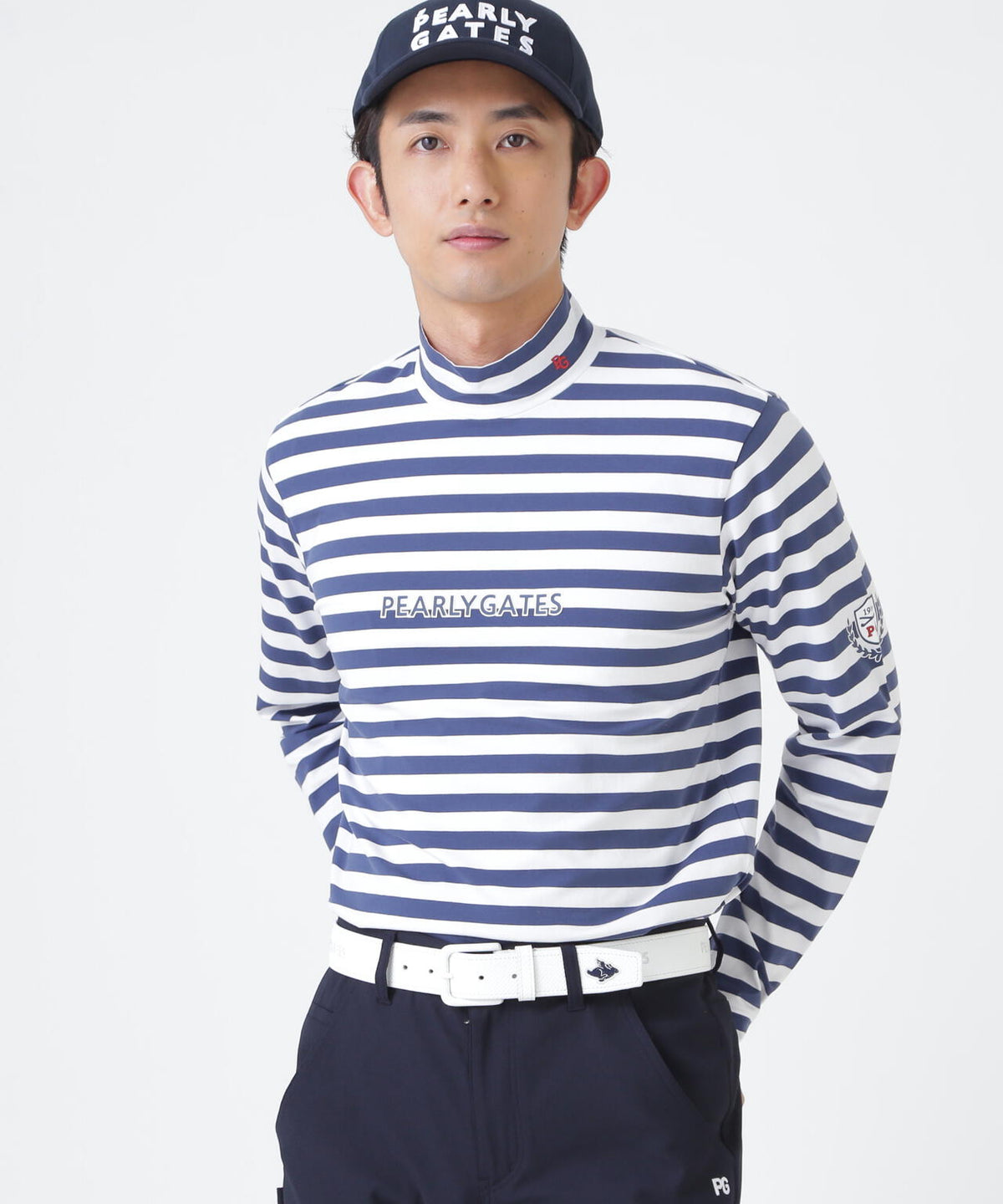 スーピマベア天長袖ハイネックカットソー <ボーダー柄> (MENS)