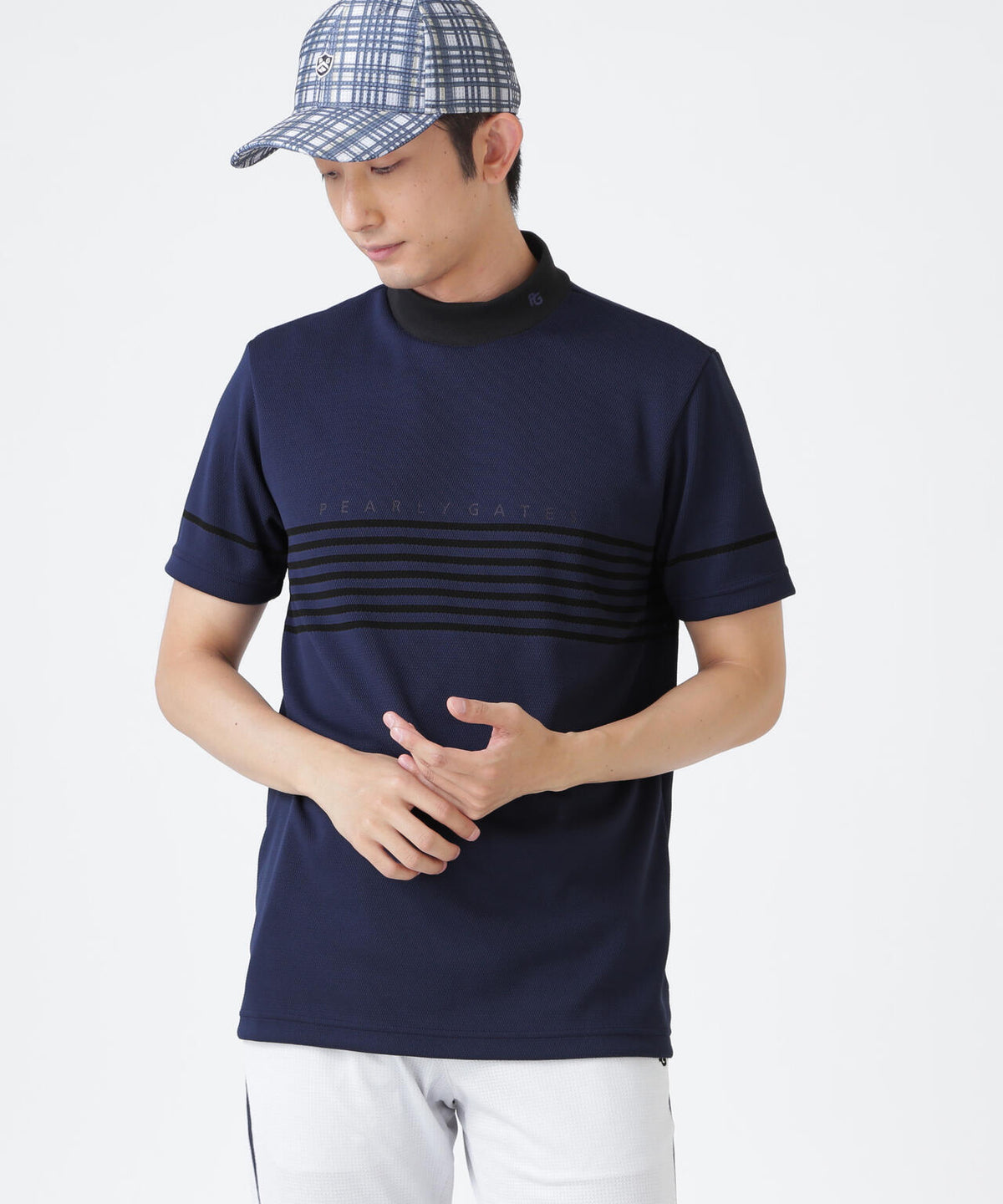 Peメッシュパネルボーダー半袖ハイネックカットソー (MENS)