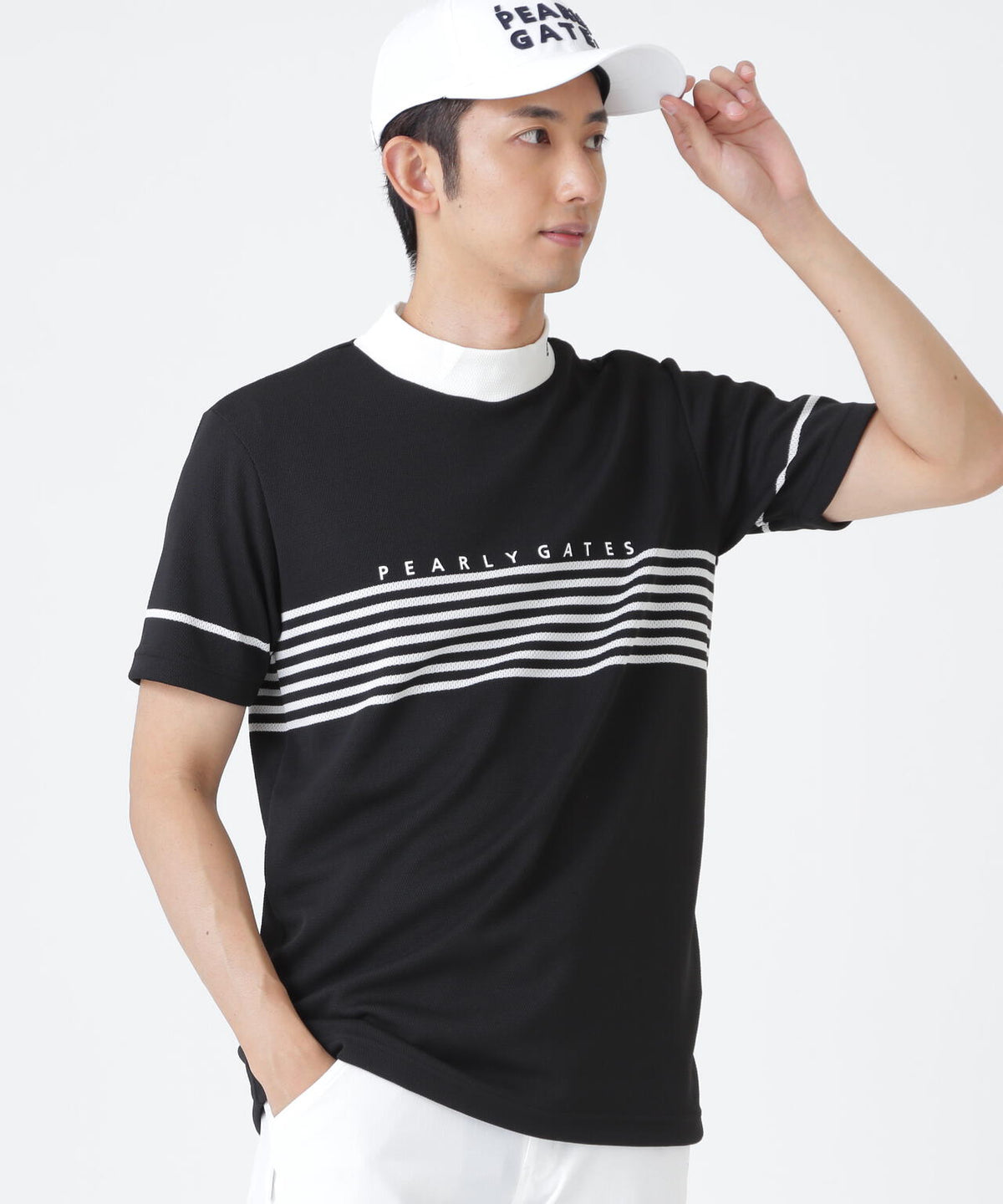 Peメッシュパネルボーダー半袖ハイネックカットソー (MENS)