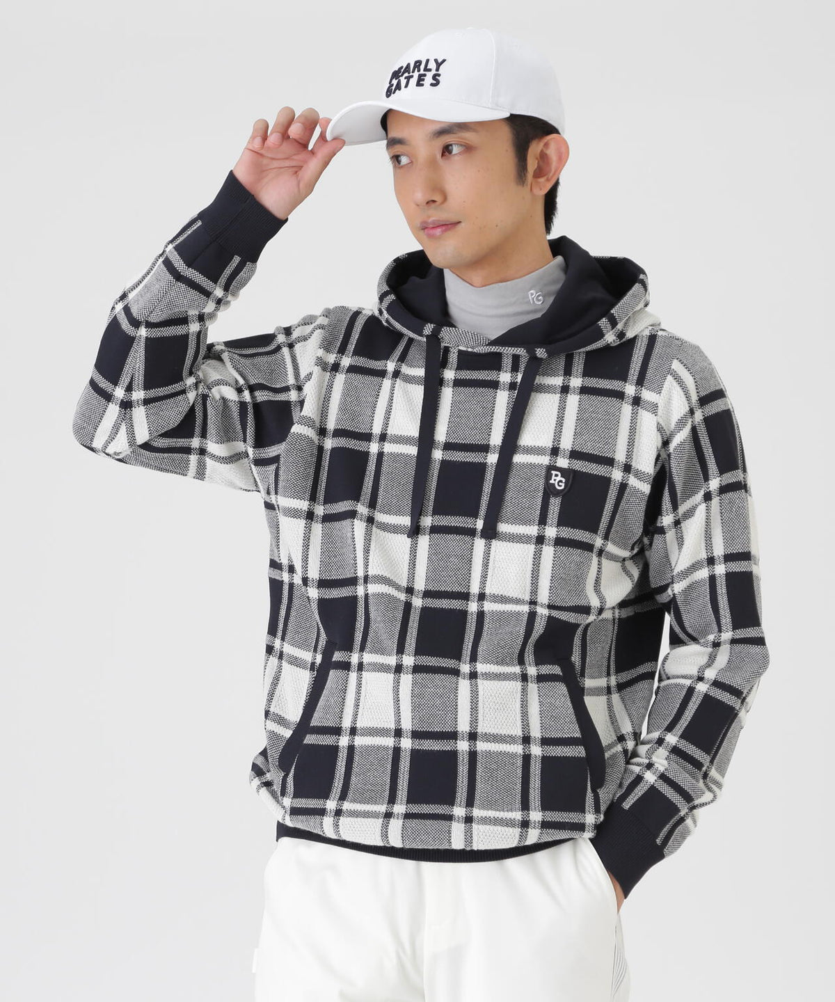 12Gタータンチェック柄ニットフーディプルオーバー (MENS)