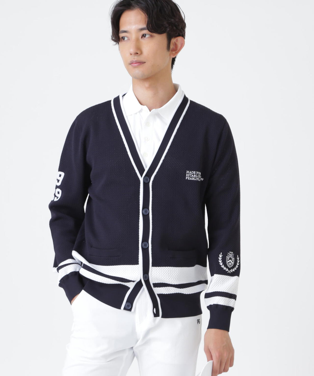 12GVネックニットカーディガン <メッシュ柄> (MENS)