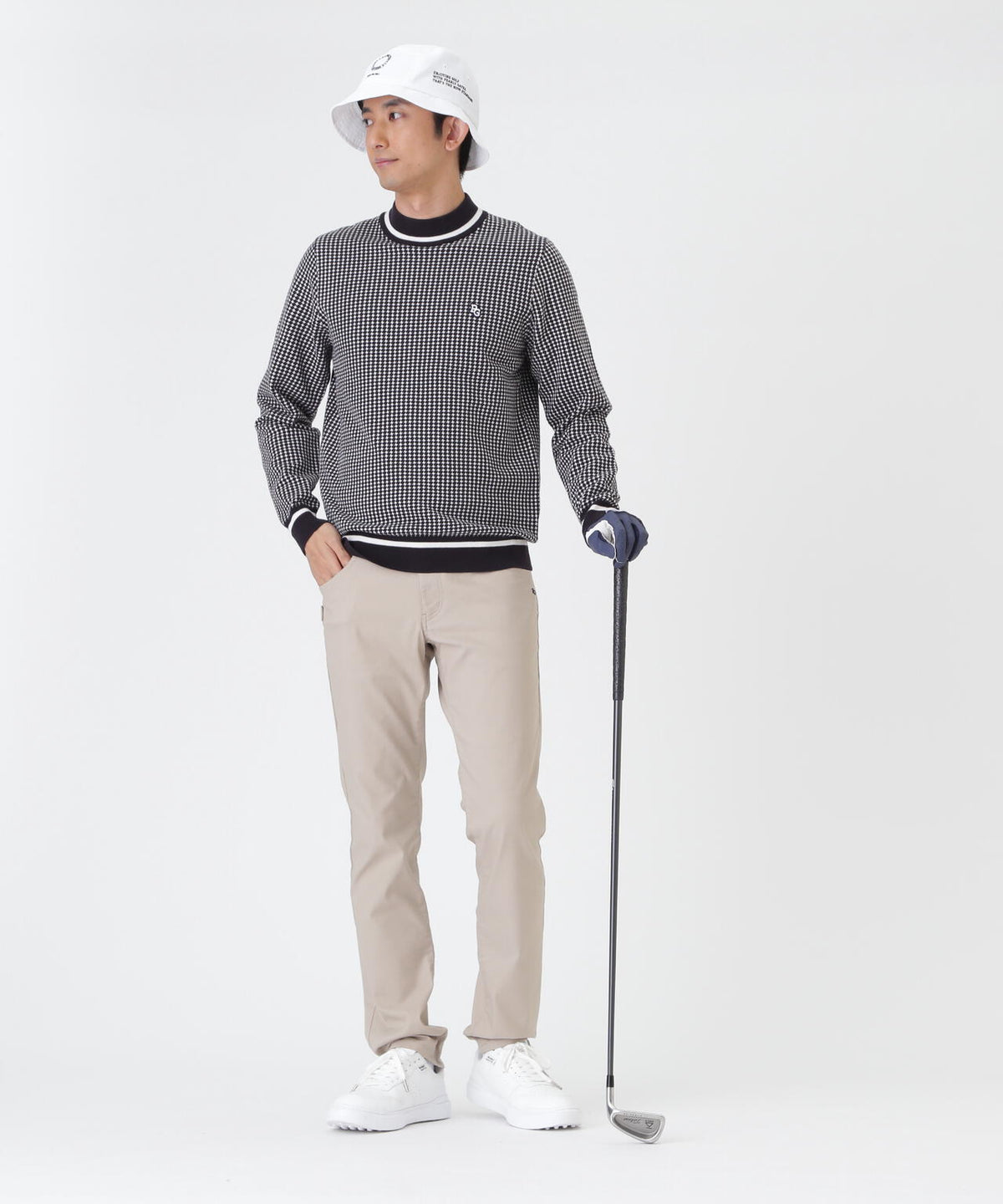 14G天竺カシミヤタッチモックネックニットプルオーバー <手裏剣千鳥> (MENS)
