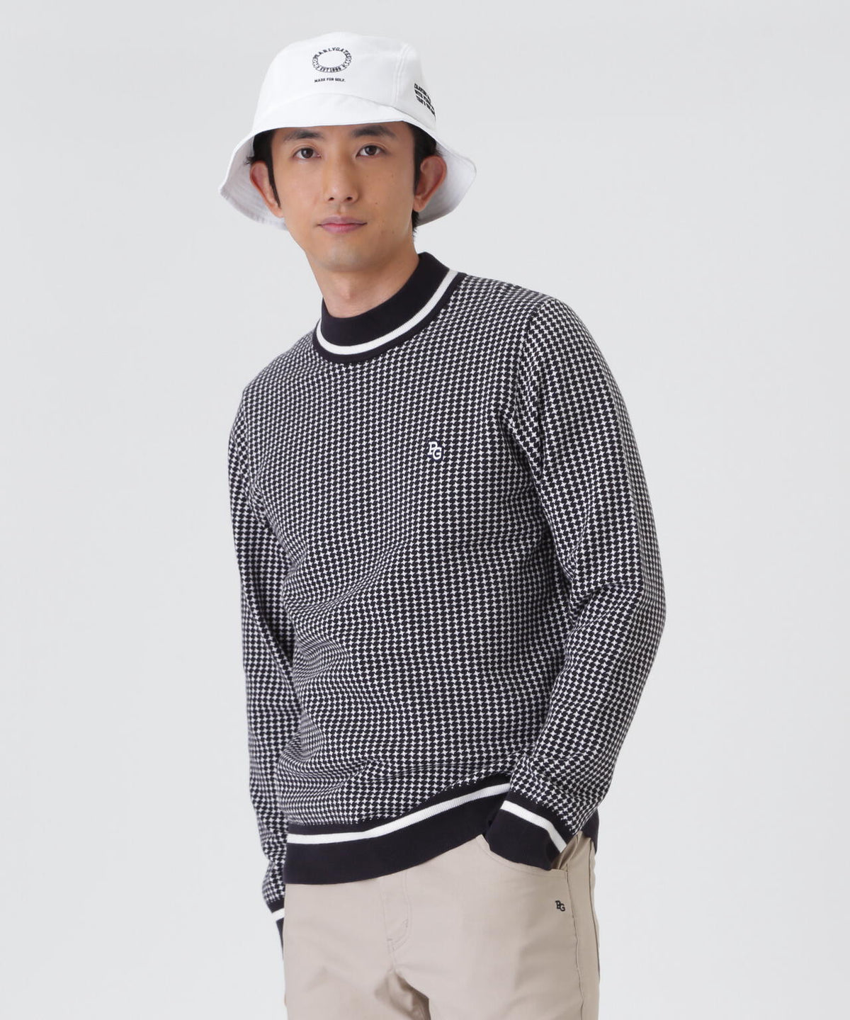 14G天竺カシミヤタッチモックネックニットプルオーバー <手裏剣千鳥> (MENS)