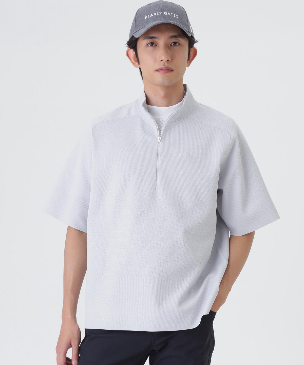 16GメッシュWJQ半袖ハーフジップニットプルオーバー (MENS)