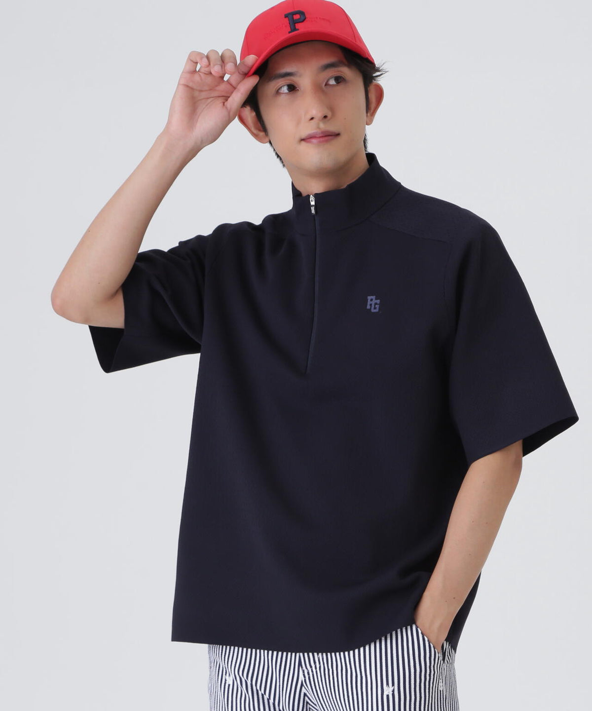 16GメッシュWJQ半袖ハーフジップニットプルオーバー (MENS)