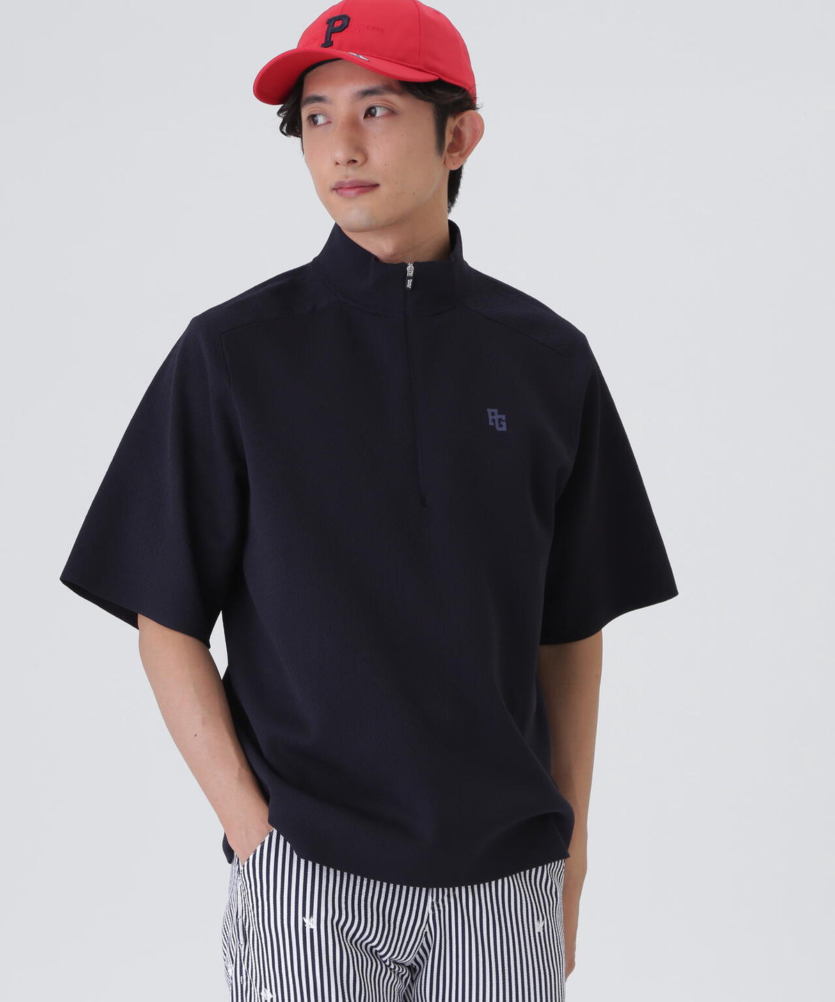 16GメッシュWJQ半袖ハーフジップニットプルオーバー (MENS)