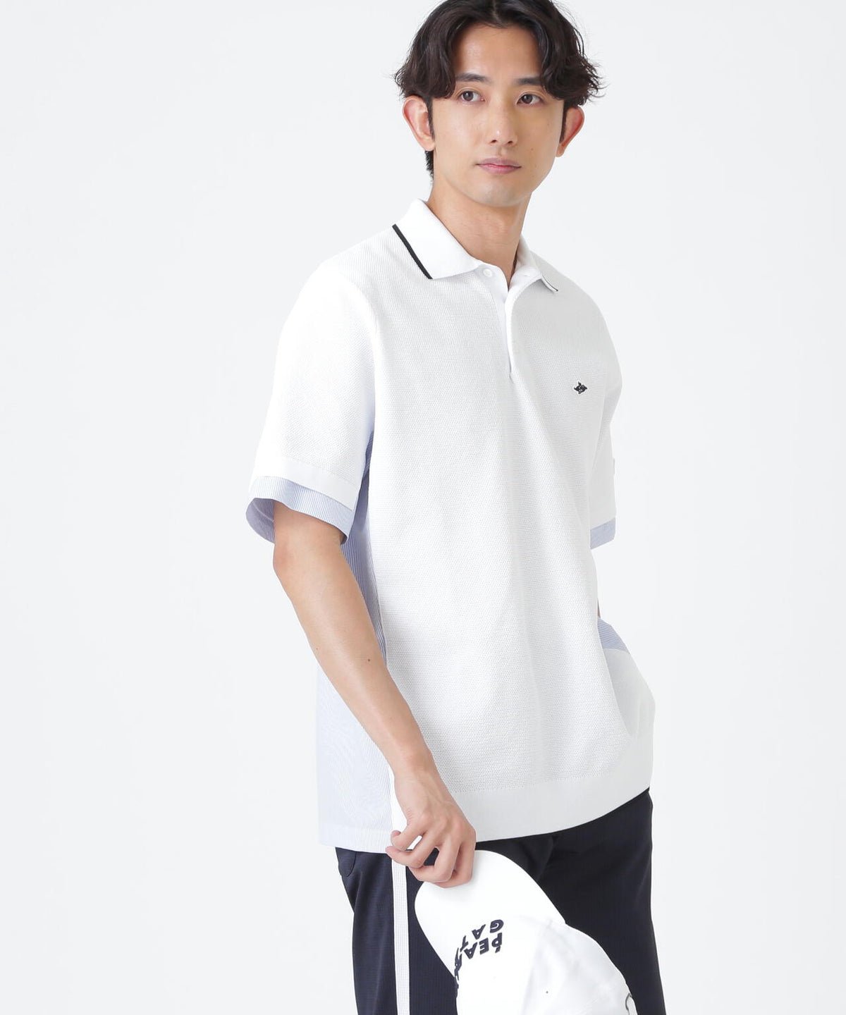 サッカー生地ドッキング半袖ニットポロシャツ (MENS)