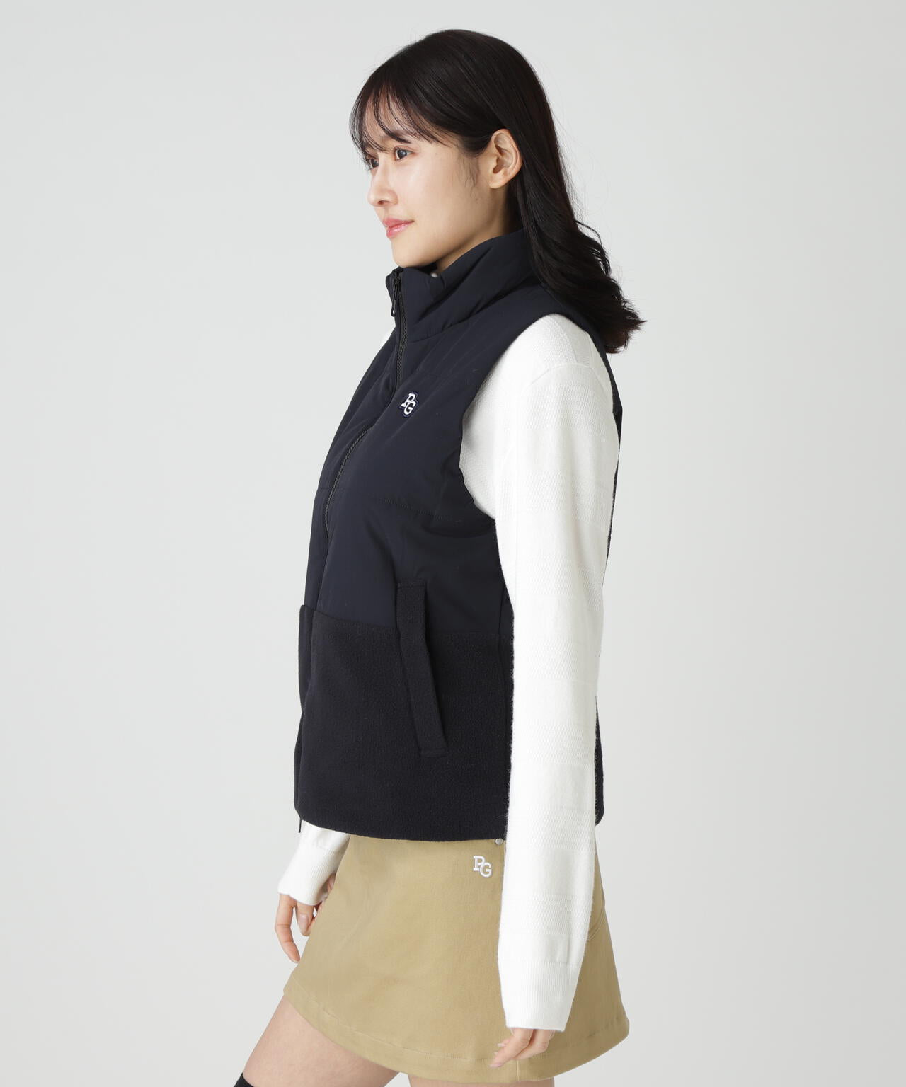 合繊×フリース片面起毛 中綿フルジップアップベスト