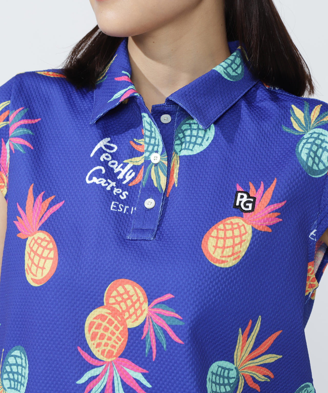46G75d PBTドビーポロシャツ <パイナップルアート柄>