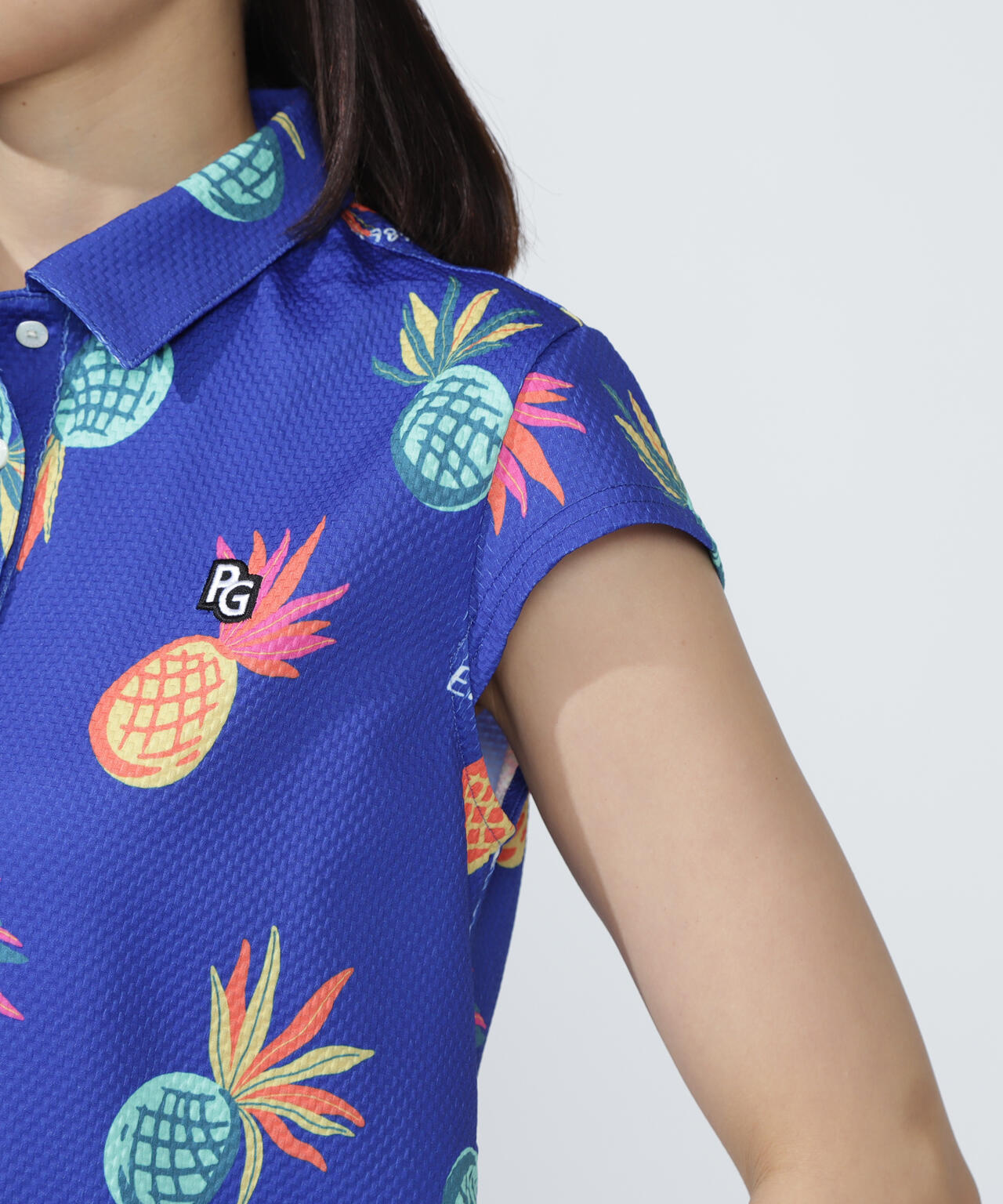 46G75d PBTドビーポロシャツ <パイナップルアート柄>