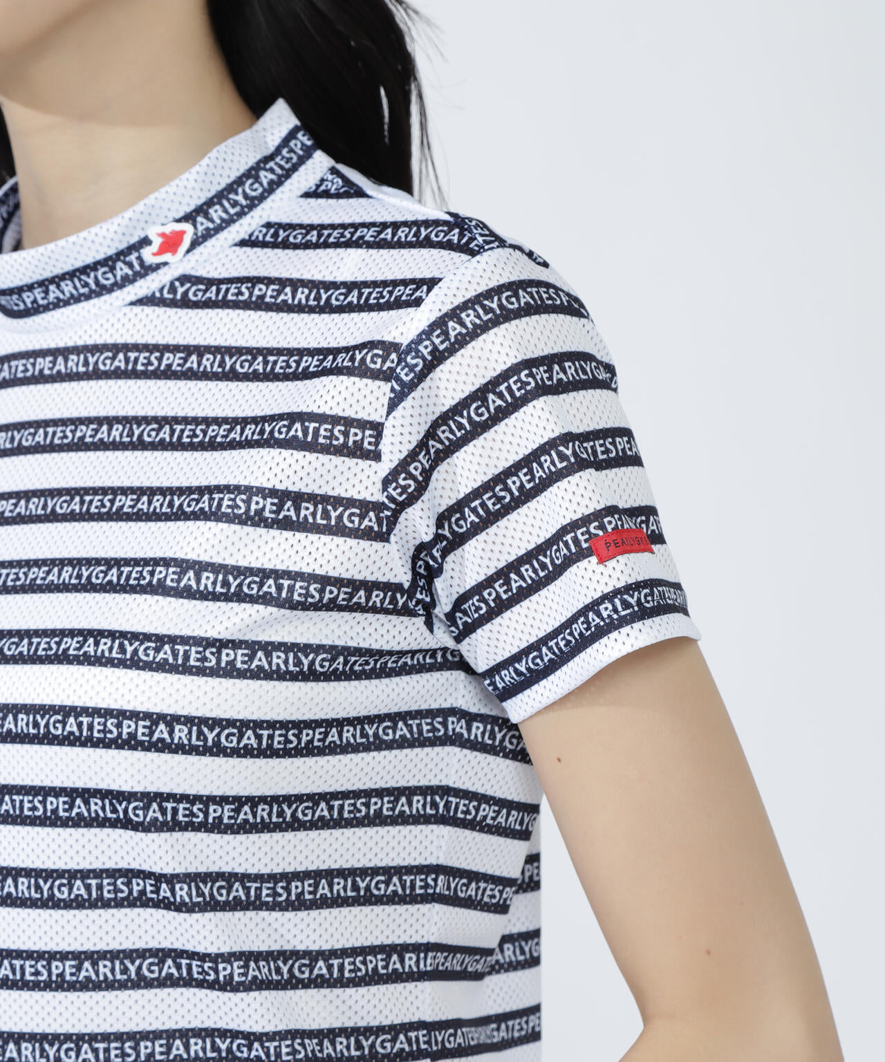 KAZEメッシュ半袖モックネックカットソー <ロゴボーダー柄>