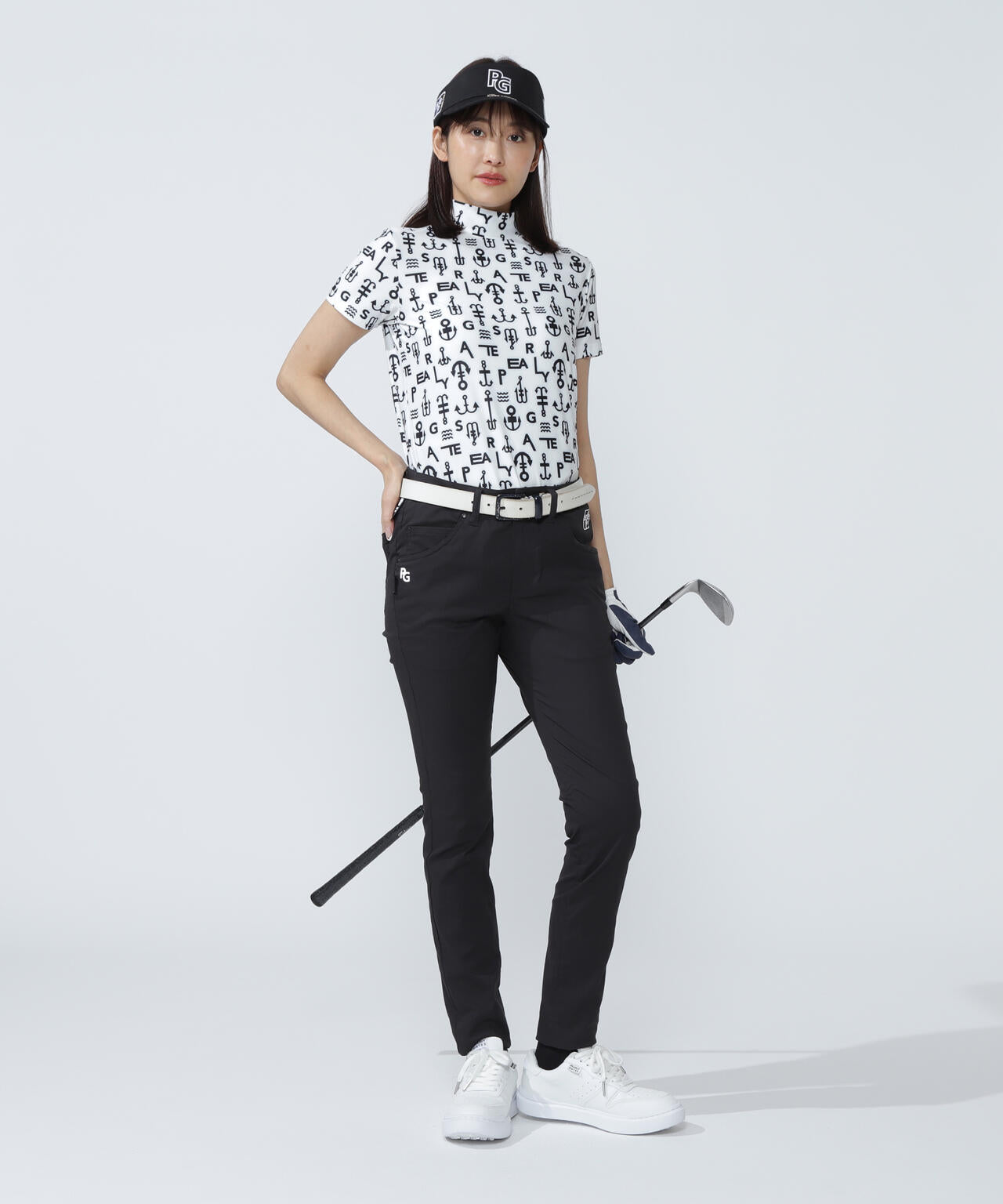 アンカーロゴ柄プリント半袖モックネックカットソー