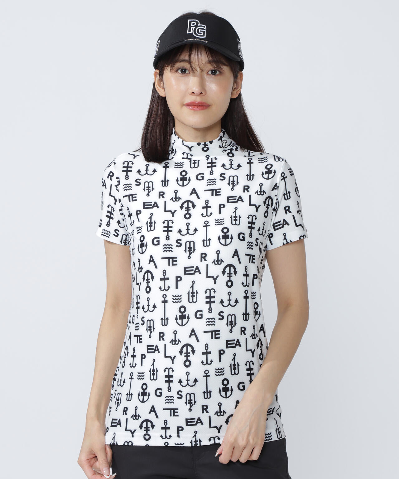 アンカーロゴ柄プリント半袖モックネックカットソー