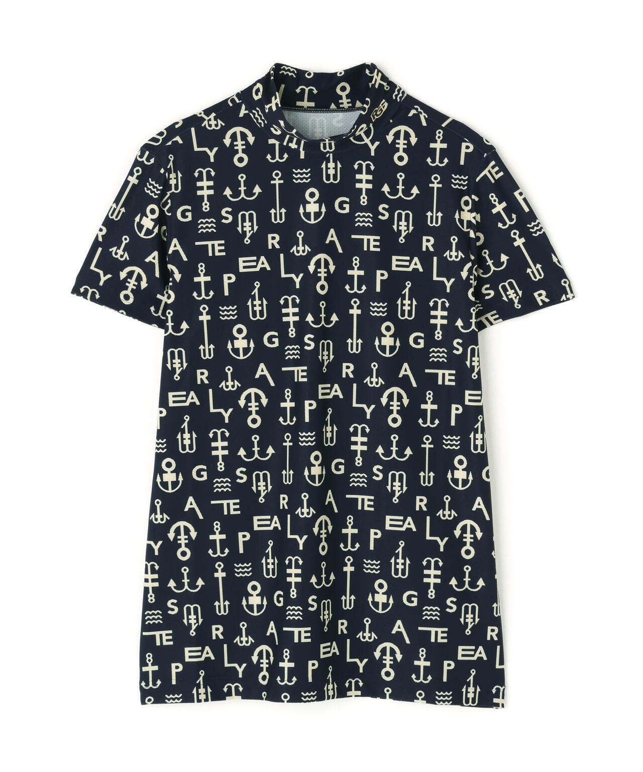 アンカーロゴ柄プリント半袖モックネックカットソー