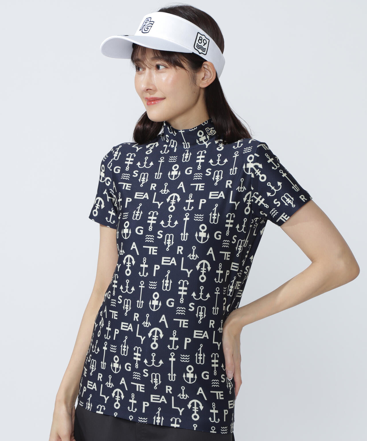 アンカーロゴ柄プリント半袖モックネックカットソー