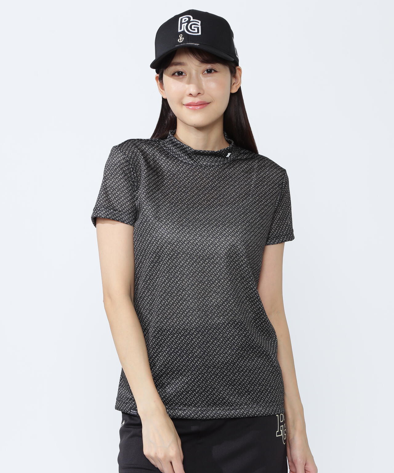 KAZEメッシュ半袖ハイネックカットソー <ロゴバイヤスボーダー柄>