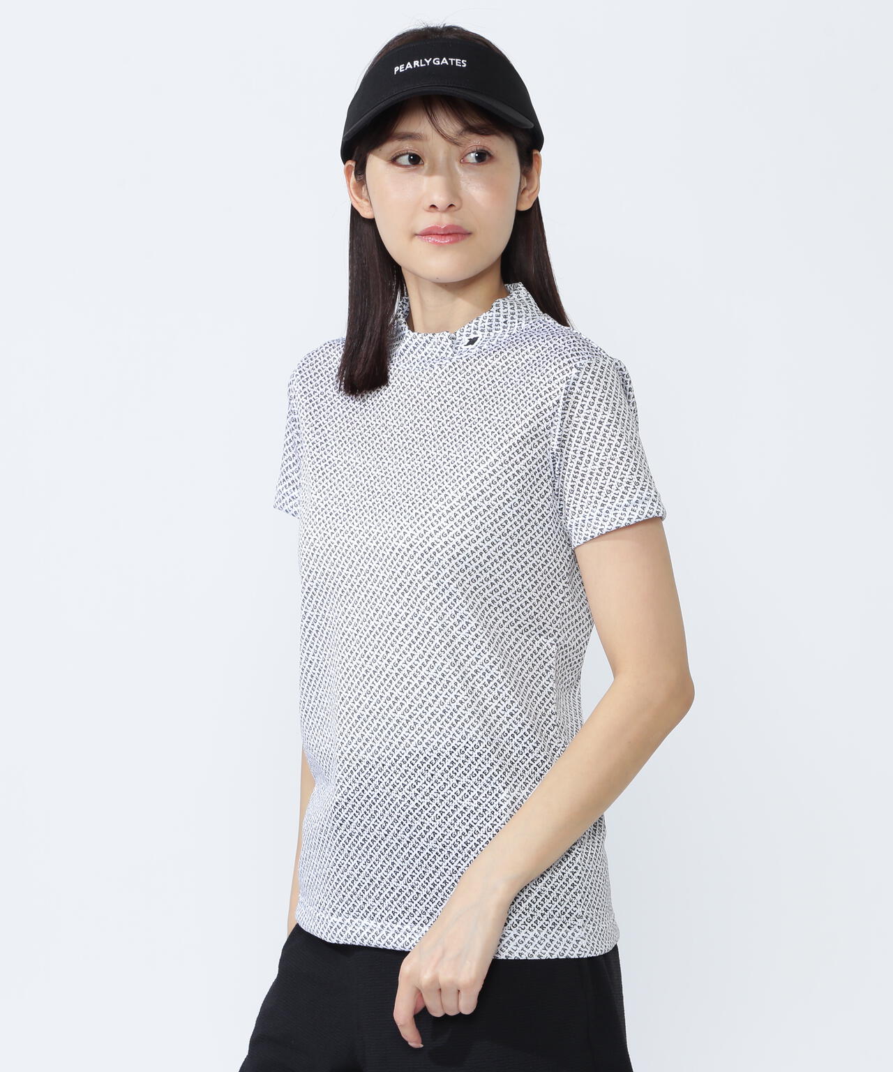 KAZEメッシュ半袖ハイネックカットソー <ロゴバイヤスボーダー柄>