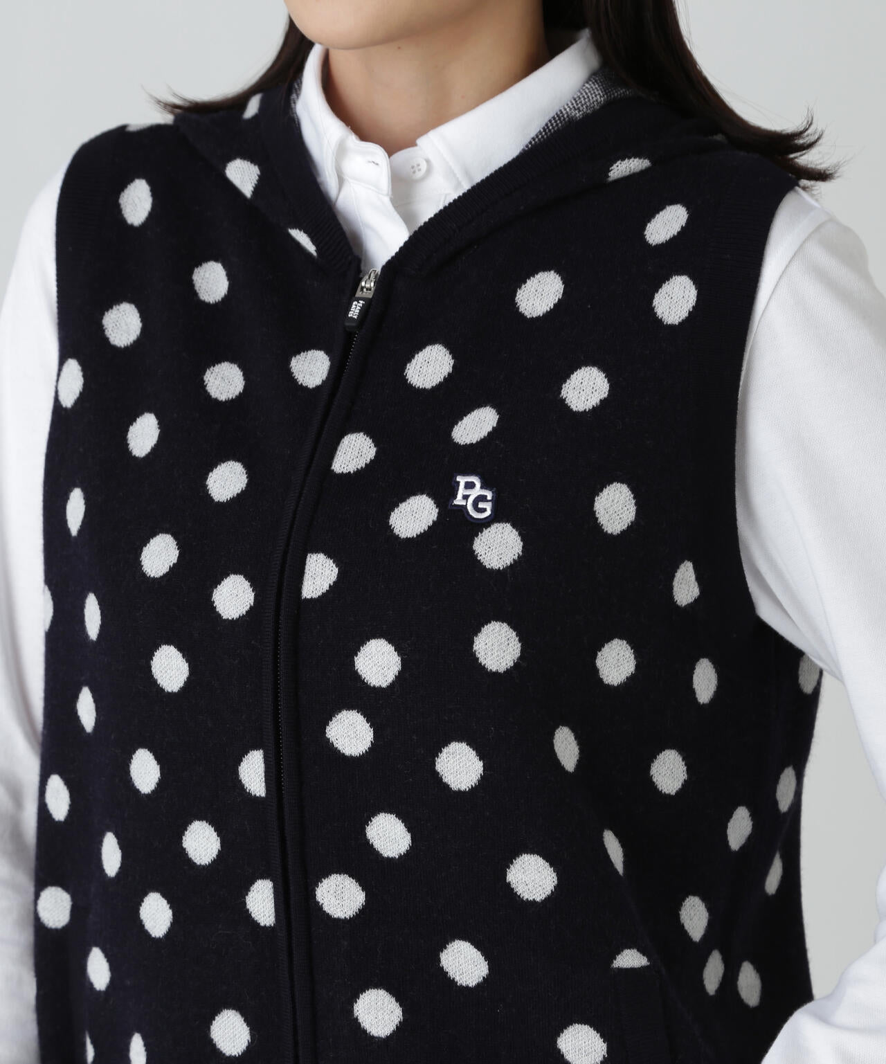 14Gダブルジャガードカシミヤ混フルジップニットフーディベスト <ランダムドット柄>