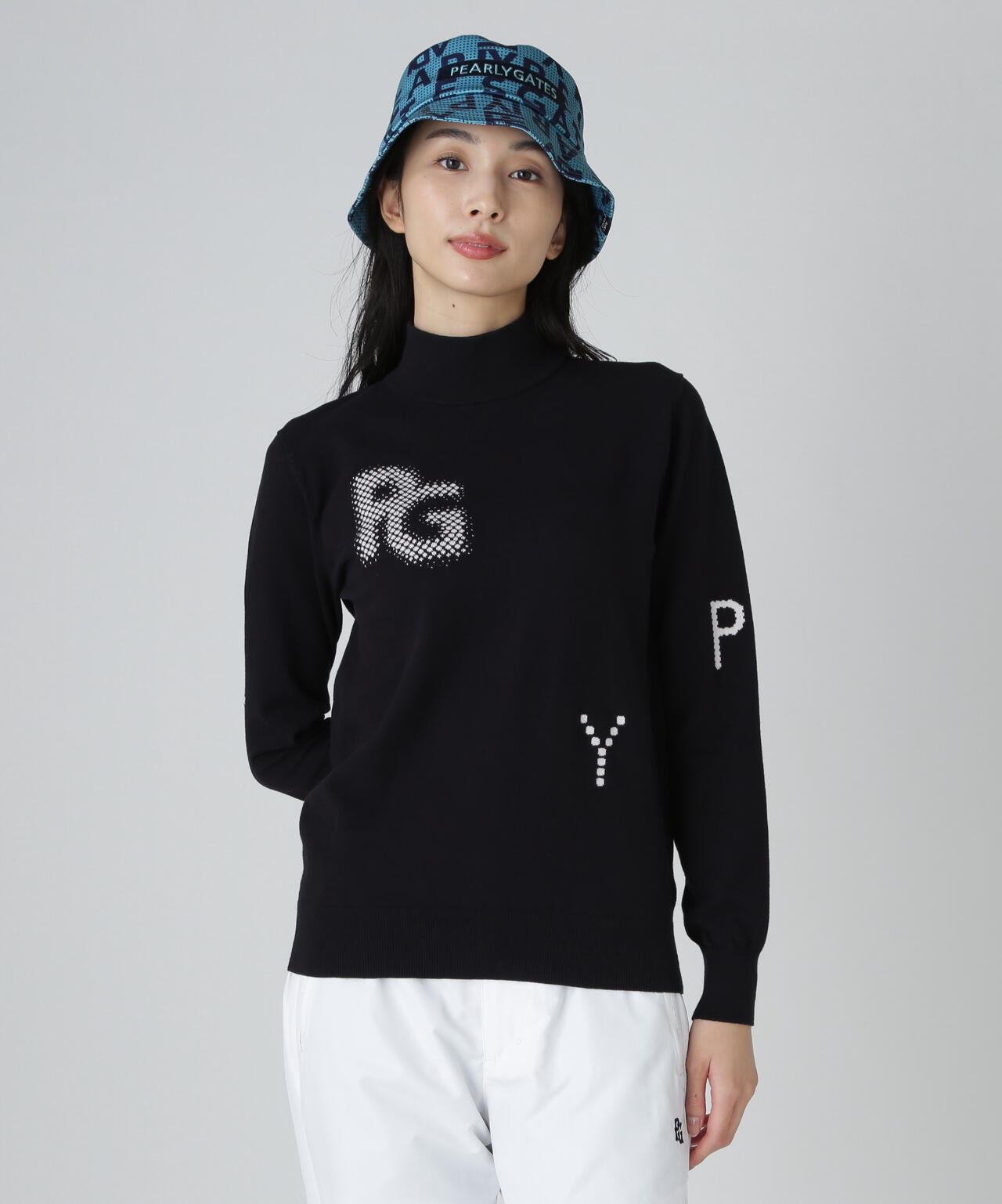 12G部分ジャガードカシミヤタッチコットンハイネックニットプルオーバー