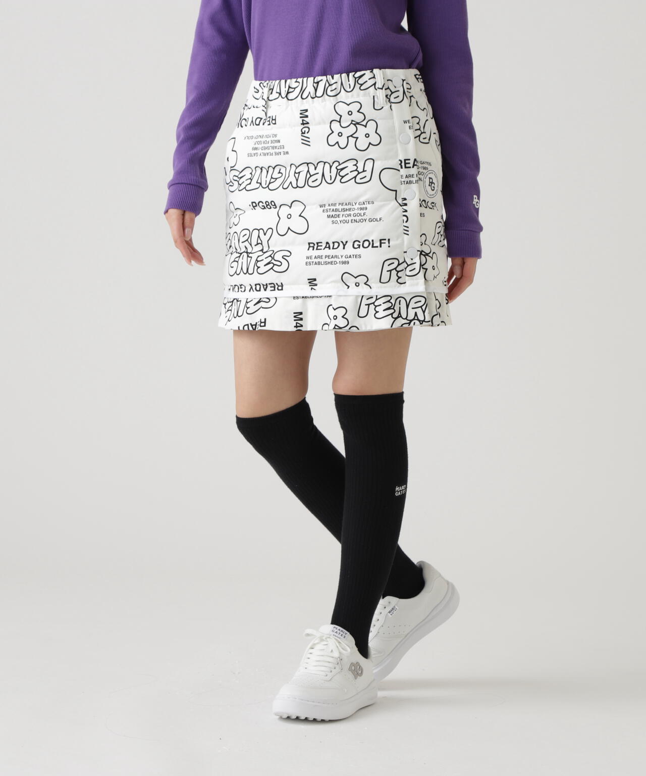 NyストレッチBIGリップストップ中綿ラップ風スカート <ロゴ×花柄>