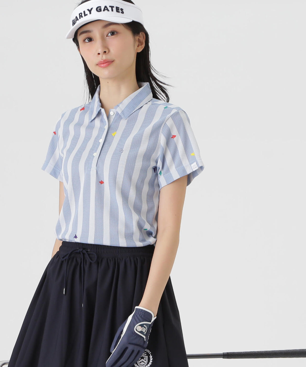Peメッシュストライプニット半袖ポロシャツ (WOMENS)