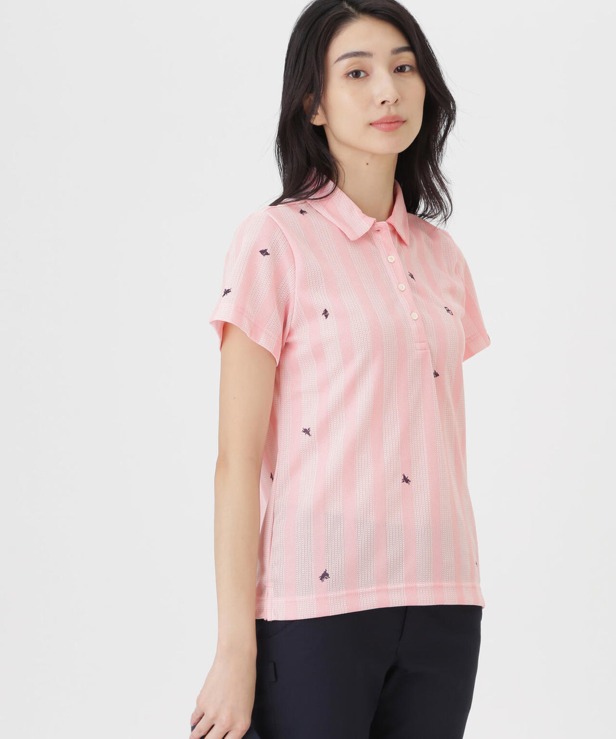 Peメッシュストライプニット半袖ポロシャツ (WOMENS)