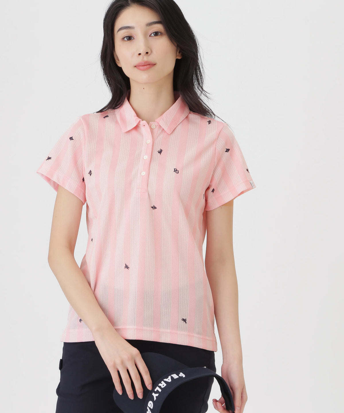 Peメッシュストライプニット半袖ポロシャツ (WOMENS)