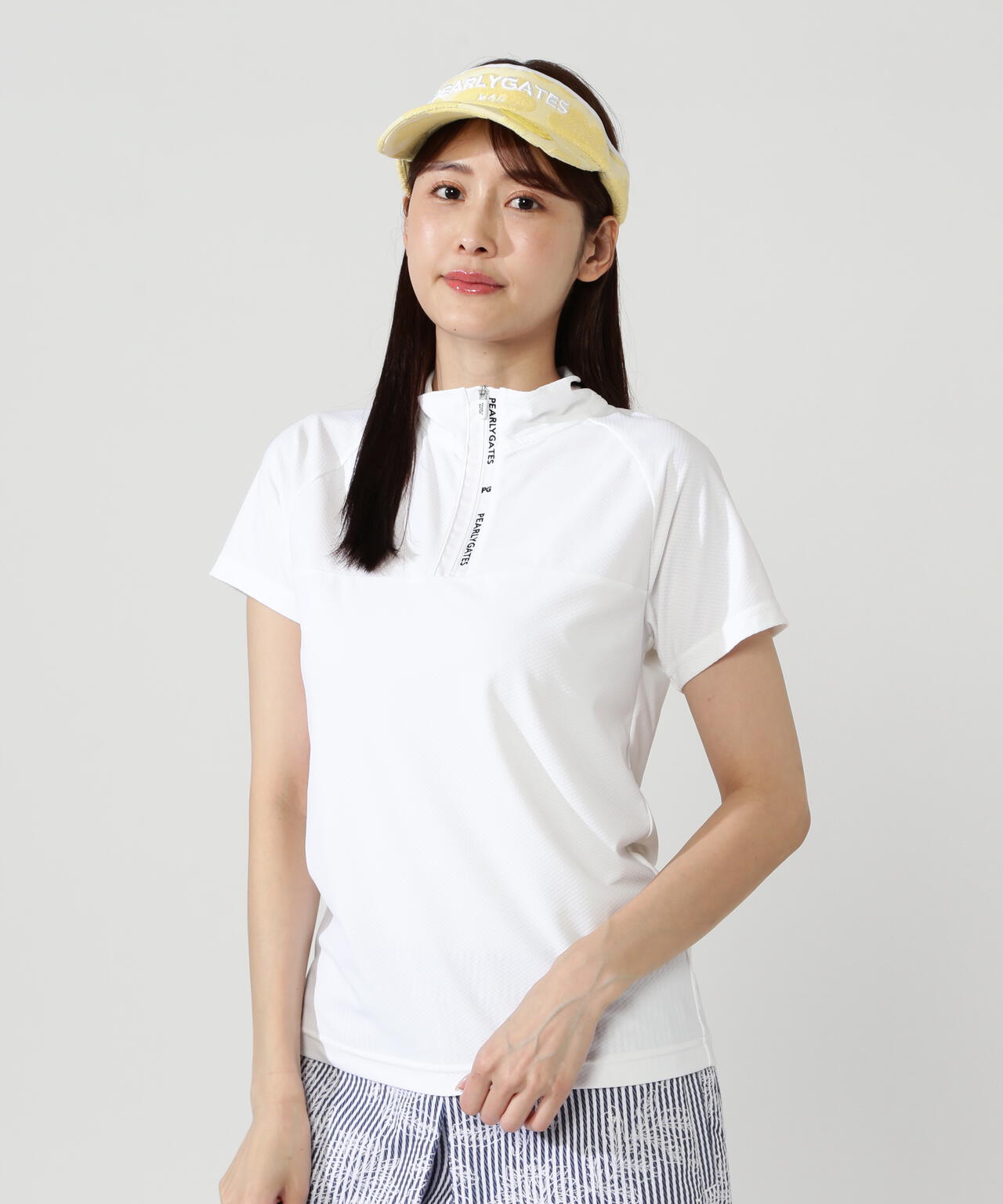 Nyグリッド2WAYトリコット半袖ハーフジップアップカットソー