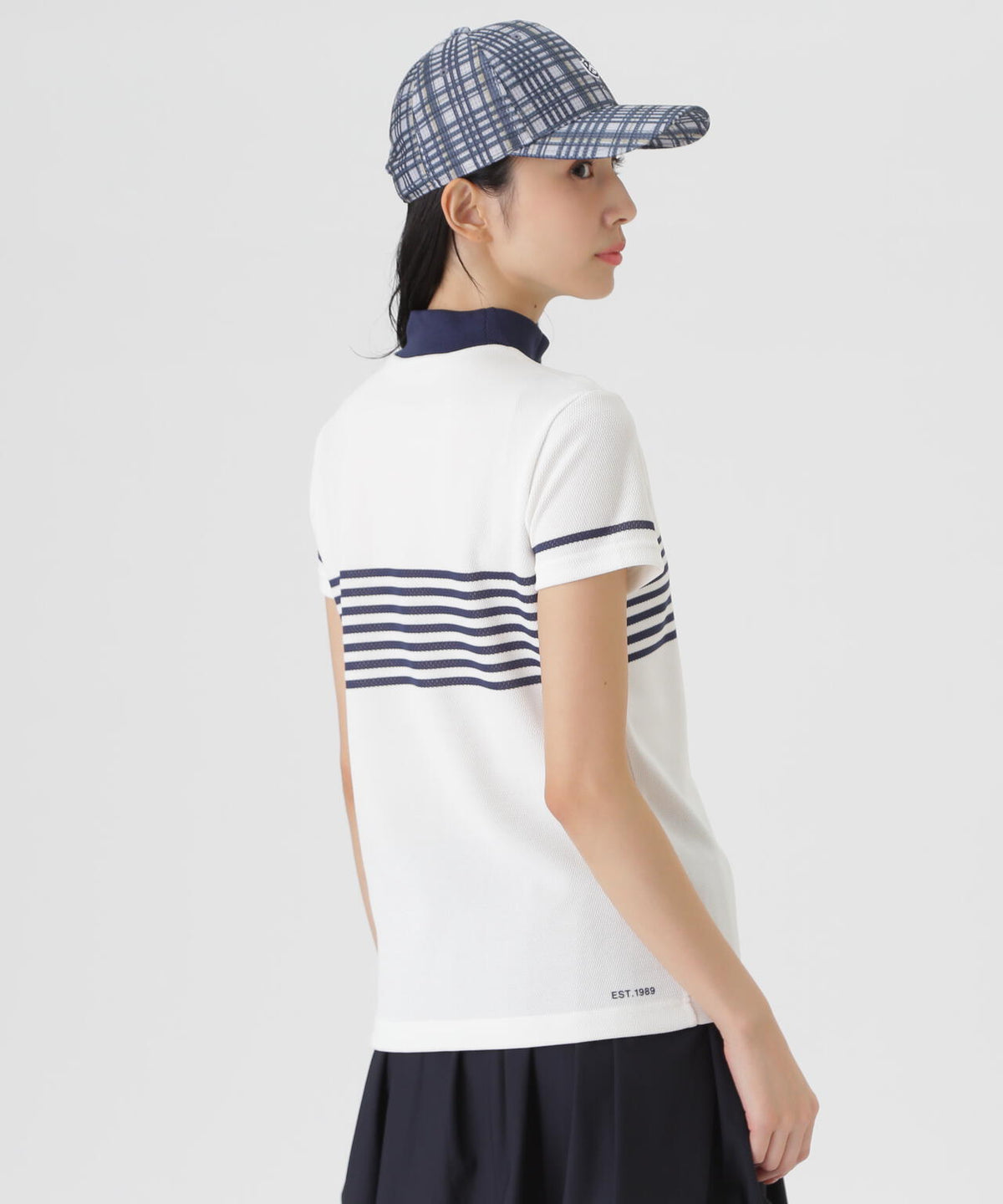 Peメッシュパネルボーダー半袖ハイネックカットソー (WOMENS)