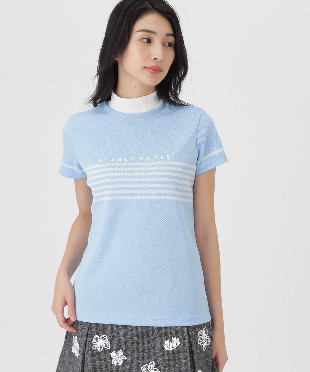 Peメッシュパネルボーダー半袖ハイネックカットソー (WOMENS)