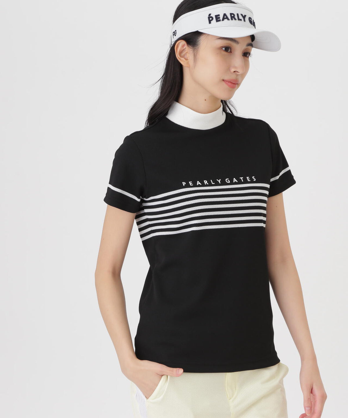 Peメッシュパネルボーダー半袖ハイネックカットソー (WOMENS)